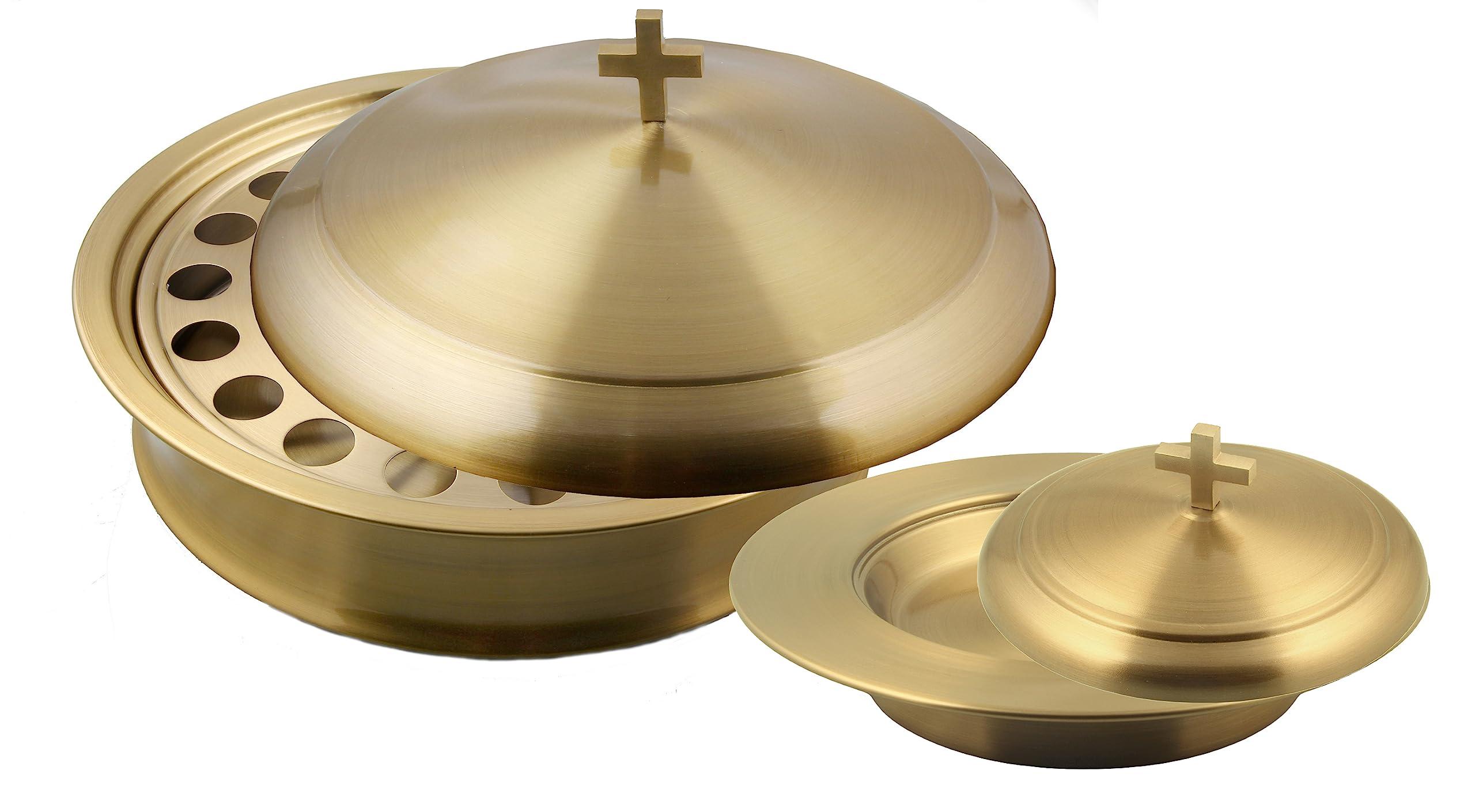 Mayur Exports Communion Ware Holy Wine Serving Tray with A Lid & A Stacking Bread Plate with A Lid - Stainless Steel (Brass/Gold)