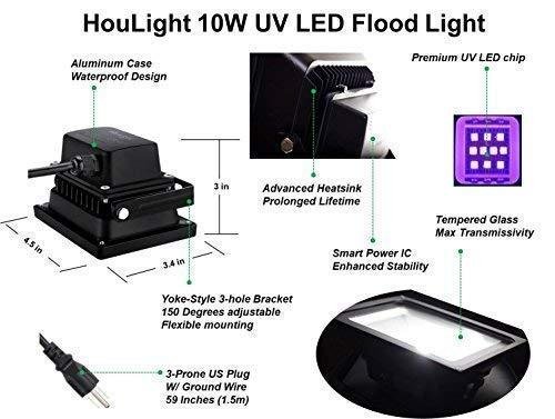 HouLight UV LED Black Light, HouLight High Power 10W LED Black Light Flood Light IP65-Waterproof (85V-265V AC) for Blacklight Party Supplies, Neon Glow, Glow in The Dark, Birthdays, Blacklights, Curing