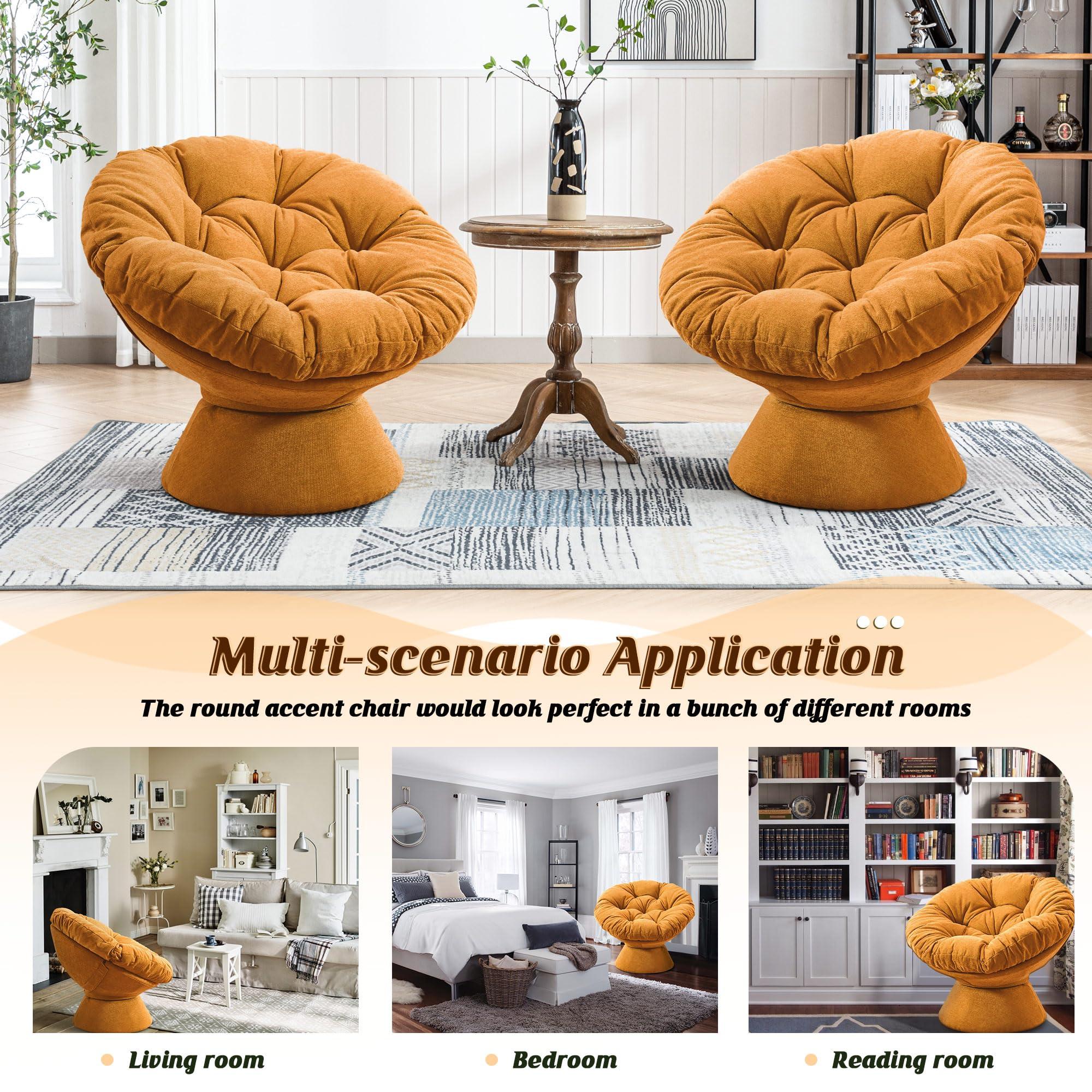 SLEERWAY Papasan Chair with Cushion and Frame, 360 Swivel Accent Chair, Comfy Chenille Upholstered Round Chair, Modern Oversized Reading Chair with Metal Base Lazy Chair for Bedroom, Living Room, Orange