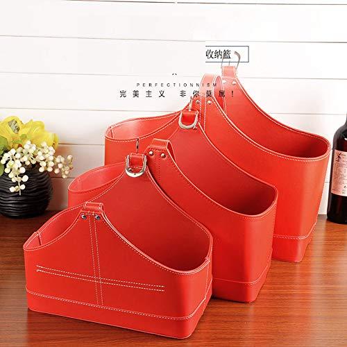 Viewlite Gift Basket Leather Storage Basket,MDF Structure Wine Flowers Fruits Magazine Holder Rack/Bins,with Top Handle for Holiday Presents Gifts Display (Middle, Red)