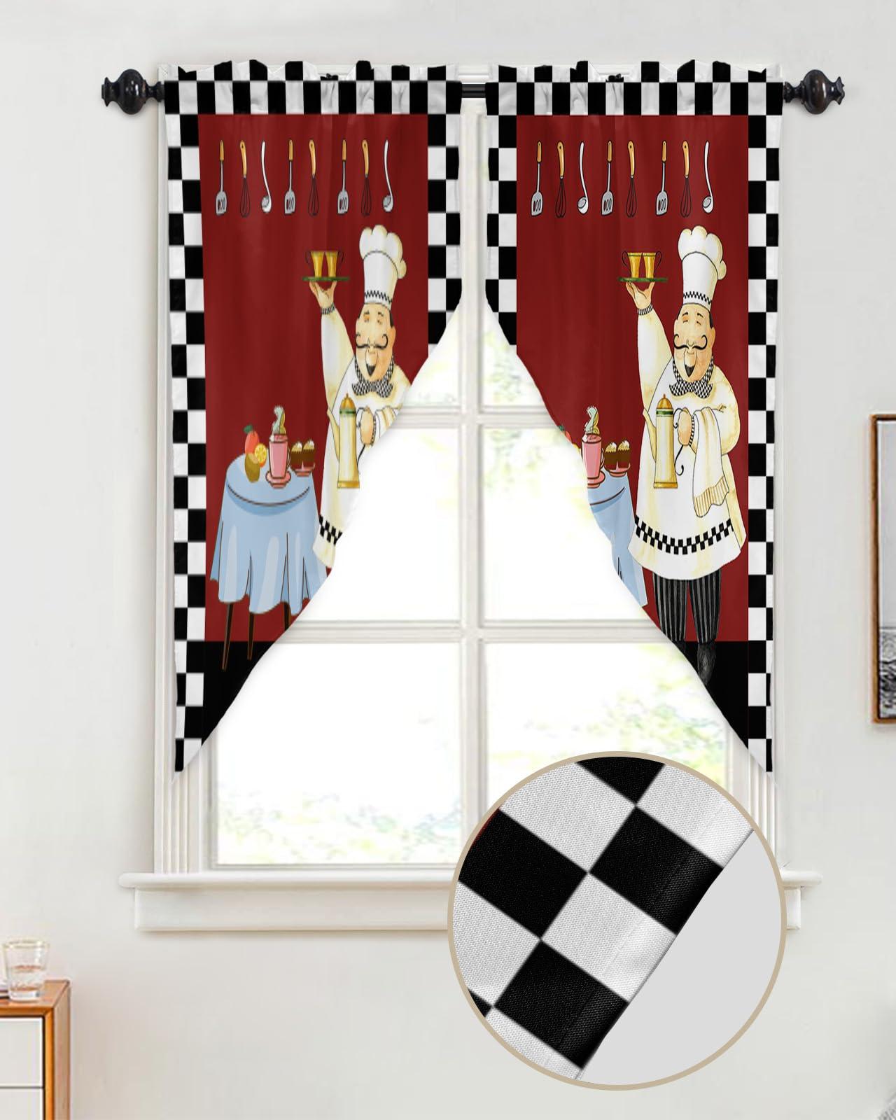 LOVE HOME DAY Cartoon Chef Swag Curtain Valance 28\"x36\" for Farmhouse Kitchen, Kitchen Gourmet and Table 2 Panels Rod Pocket Small Window Swag Valance Pair for Living Room Bathroom Black White Plaid Burgundy Red