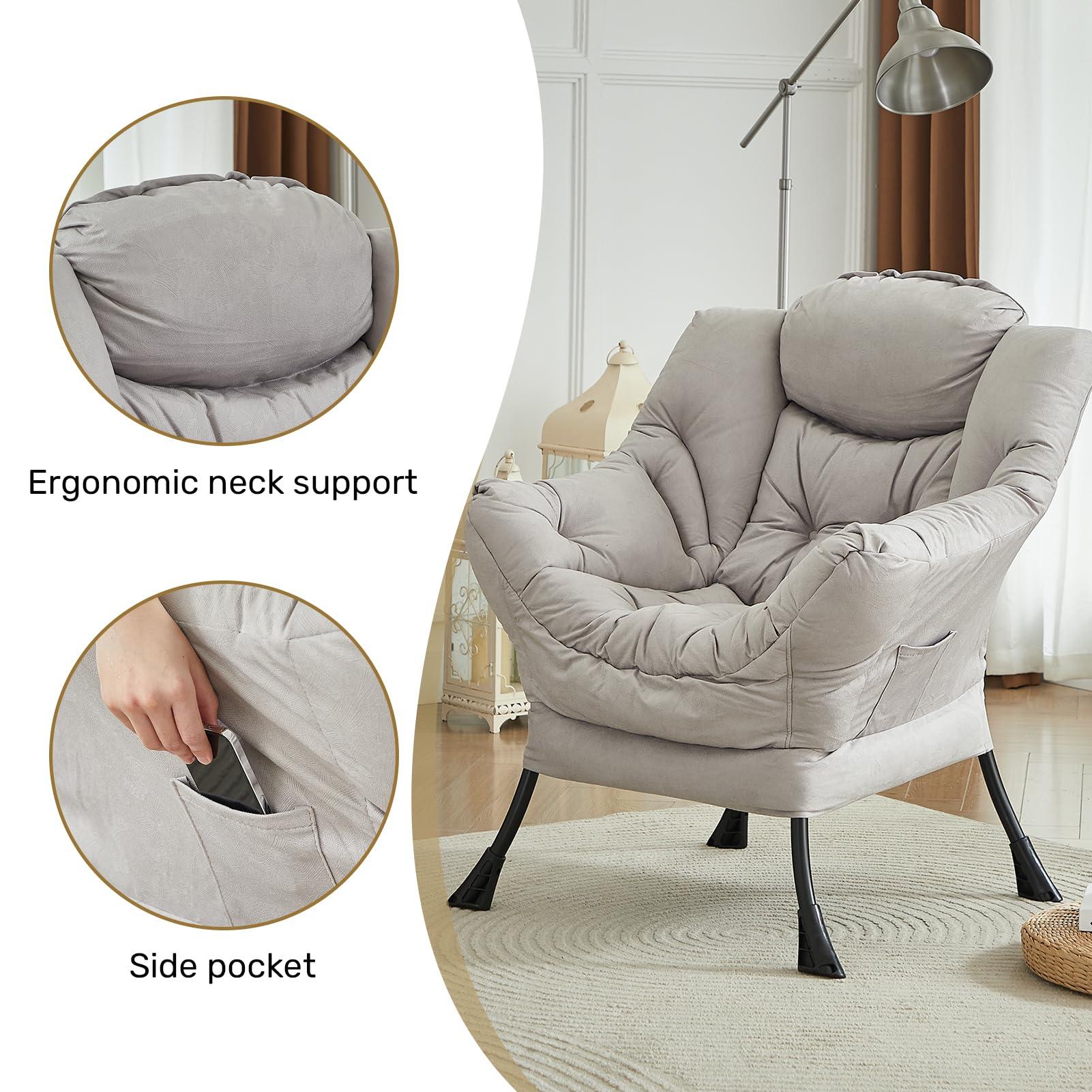 HollyHOME HollyHOME Modern Fabric Large Lazy Chair, Accent Oversized Comfy Reading Chair, Thick Padded Cozy Lounge Chair with Armrest, Single Steel Frame Leisure Sofa Chair for Living Room, Bedroom, Dorm, Grey