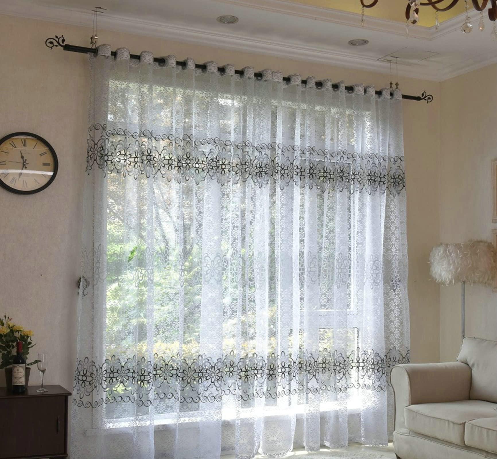 KnBoB KnBoB Sheer Window Curtains 54 Inch Length, Polyester Grey Privacy Curtains That Let Light in Kitchen Flower Printed Grommet Extra Wide Curtain Panels Semi Sheer 34x54 Inch