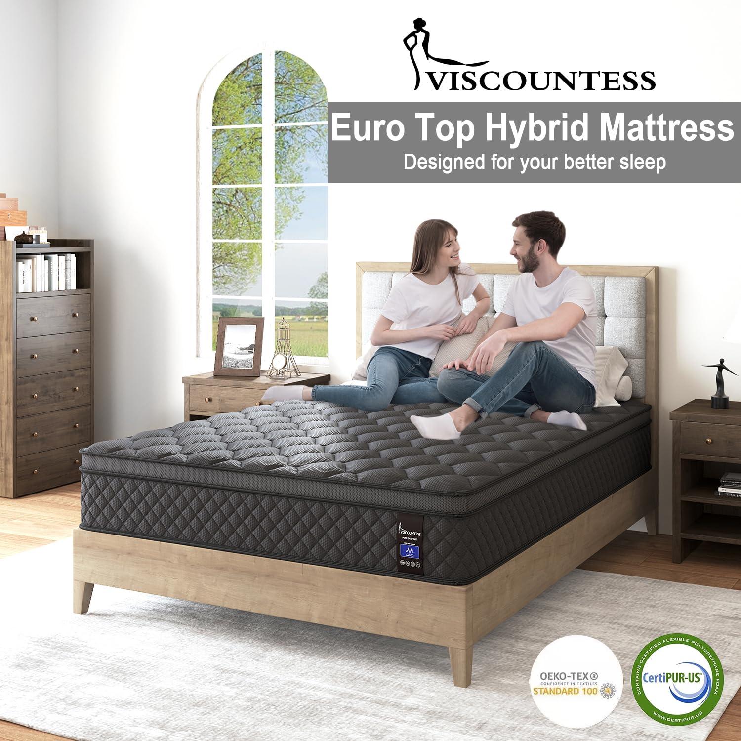 VISCOUNTESS VISCOUNTESS Hybrid Mattress, Euro Top Mattress Medium Firm for Motion Isolation & Pressure Relief, 100 Night Trial, Individual Pocket Spring Bed (14inch, King)