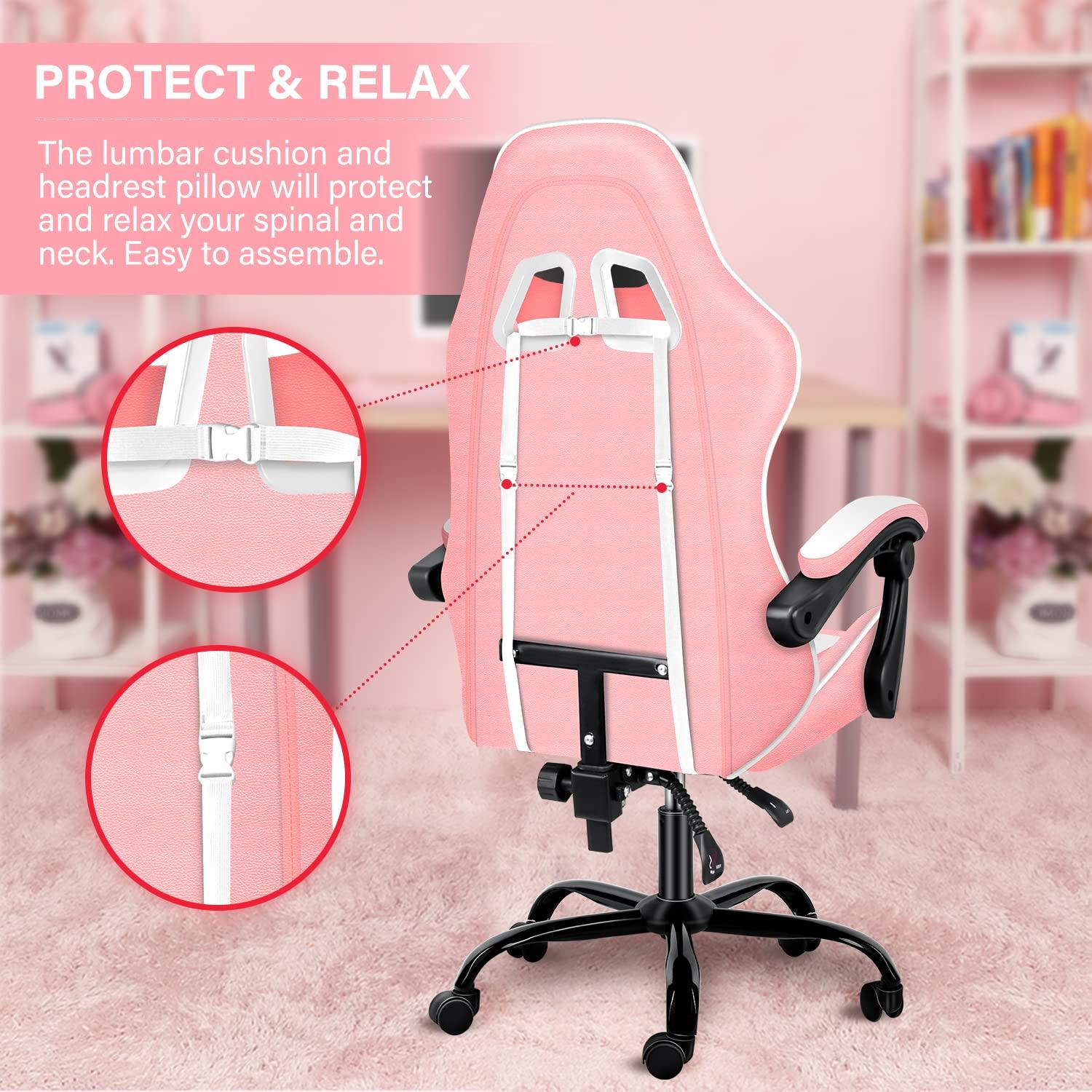 Simple Deluxe Pink Gaming Chair, Big and Tall Gamer Chair, Racing Style Adjustable Swivel Office Chair, Ergonomic Video Game Chairs with Headrest and Lumbar Support