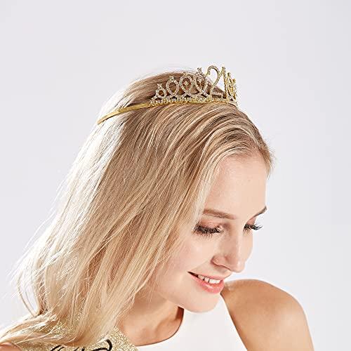 JunyRuny 21st Birthday Decorations for Her, Birthday Sash & Tiara Set, Happy Birthday Gifts, Birthday Sash and Crown for Women, 21 Birthday Girl Party Supplies (Gold Glitter with Black Lettering)