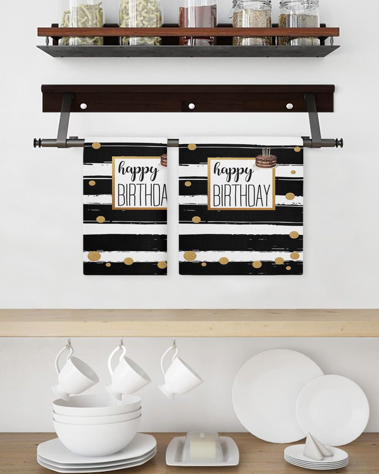 Kontanderi Happy Birthday Dish Towels Waffle Kitchen Towels Set, Absorbent Quick Drying Towel Cleaning Cake Black and White Striped Dots Hand Towels for Bathroom 4 Pack Dish Cloths 15.7\"x23.6\"