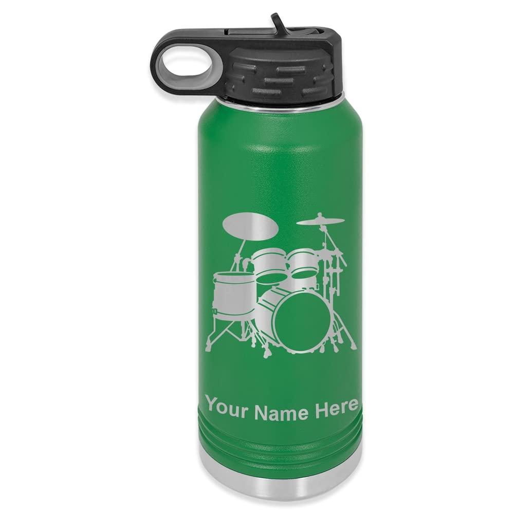 LaserGram LaserGram Personalized Water Bottle, Drum Set, Stainless Steel Double Wall Vacuum Insulated with Flip Top Straw, Custom Engraved Gift (40oz / 1180ml Green)