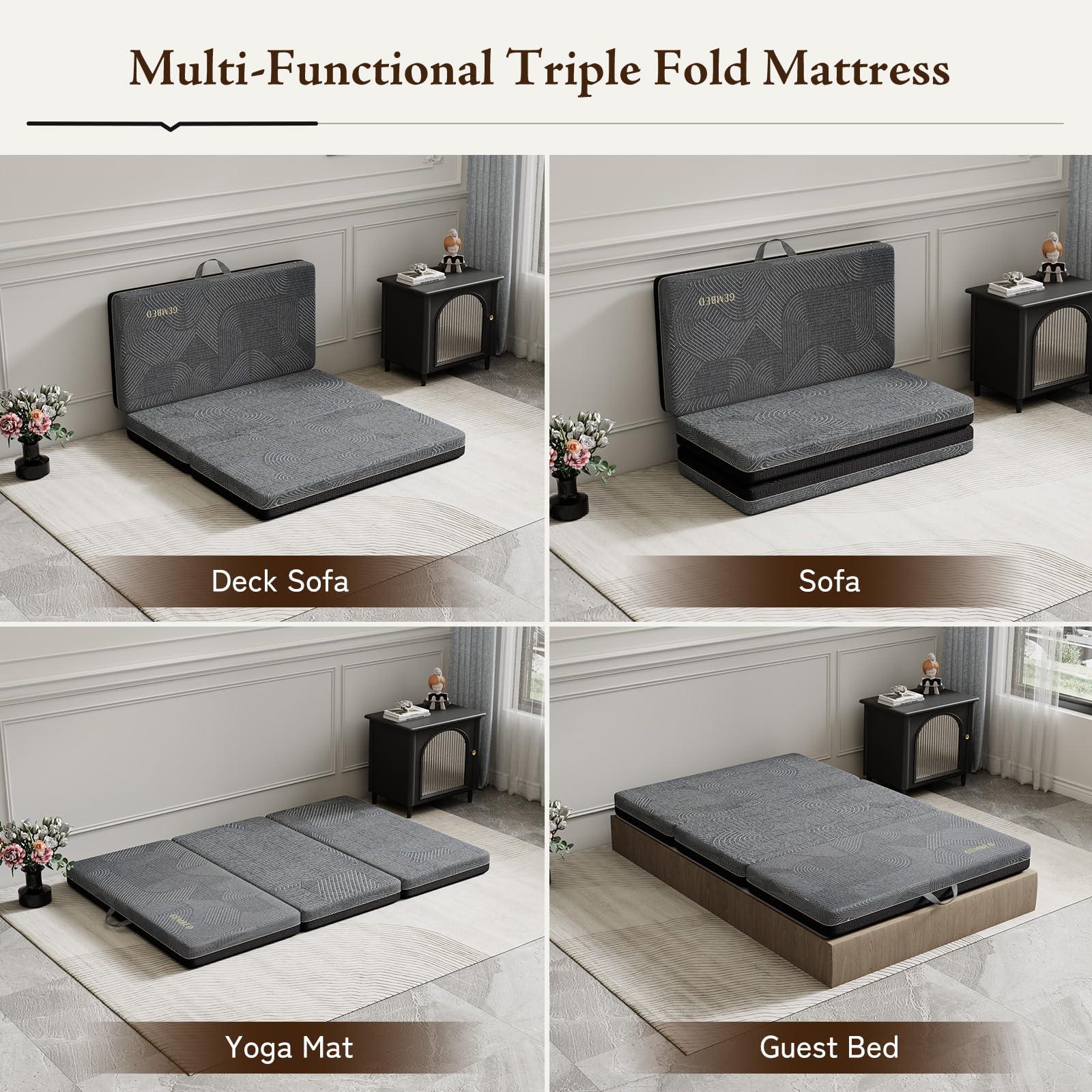 GEMBED GEMBED Tri Folding Mattress Full Size - Memory Foam Tri-fold Mattress, Handle & Non-Slip Bottom, Portable Foldable Sofa Bed Floor Mattress Chair for Travel RV Camping Guest Yoga - 4 Inch, 73\"x52\"x4\"