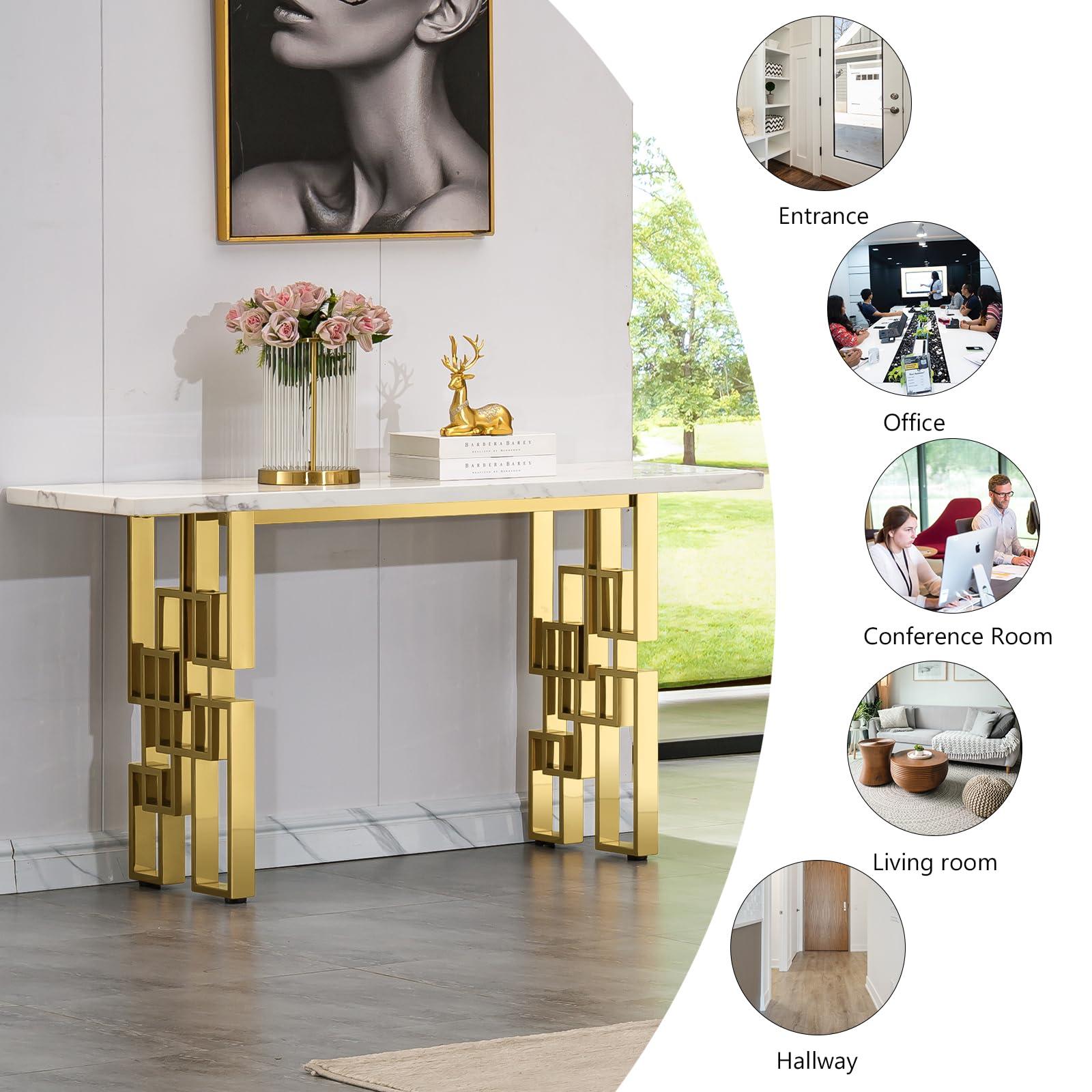 AUZ AUZ 2 Pieces Gold Living Room Table Sets, White and Gold Rectangle Living Room Coffee Tables with Geometric Base, White Coffee Table Set of 2