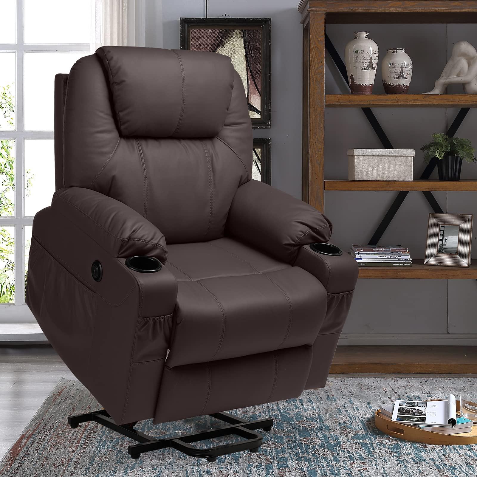 RELAXIXI RELAXIXI Power Lift Recliner Chair, Recliners for Elderly, Heated Vibration Massage Sofa with USB Ports (Faux Leather,Brown)