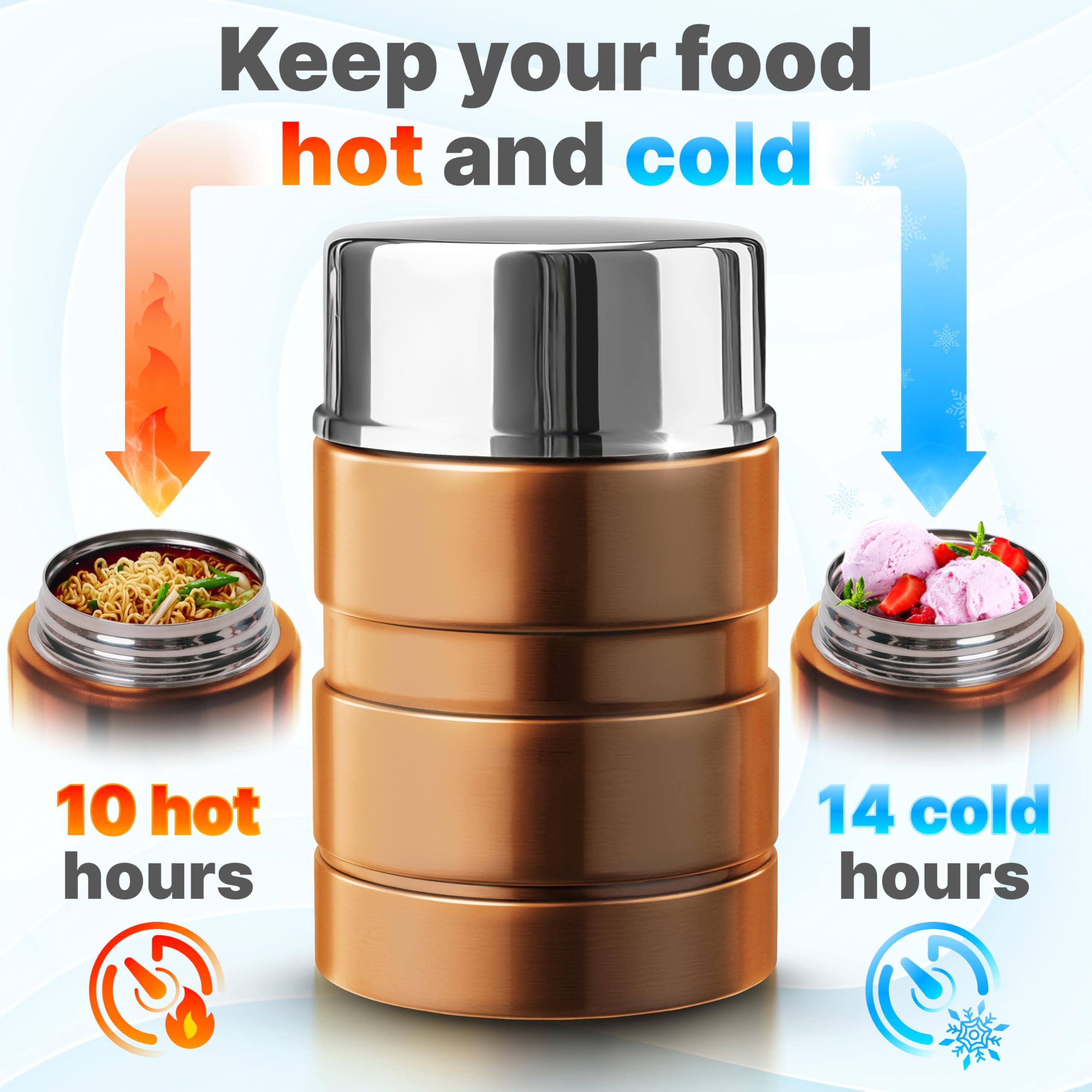 Earth&ME Earth&ME Stainless Steel Thermo For Hot Food 17OZ with Folding Spoon, Vacuum Insulated Food Container, Soup Thermo with Wide Mouth, Insulated Food Jar for Hot & Cold Food, Gold