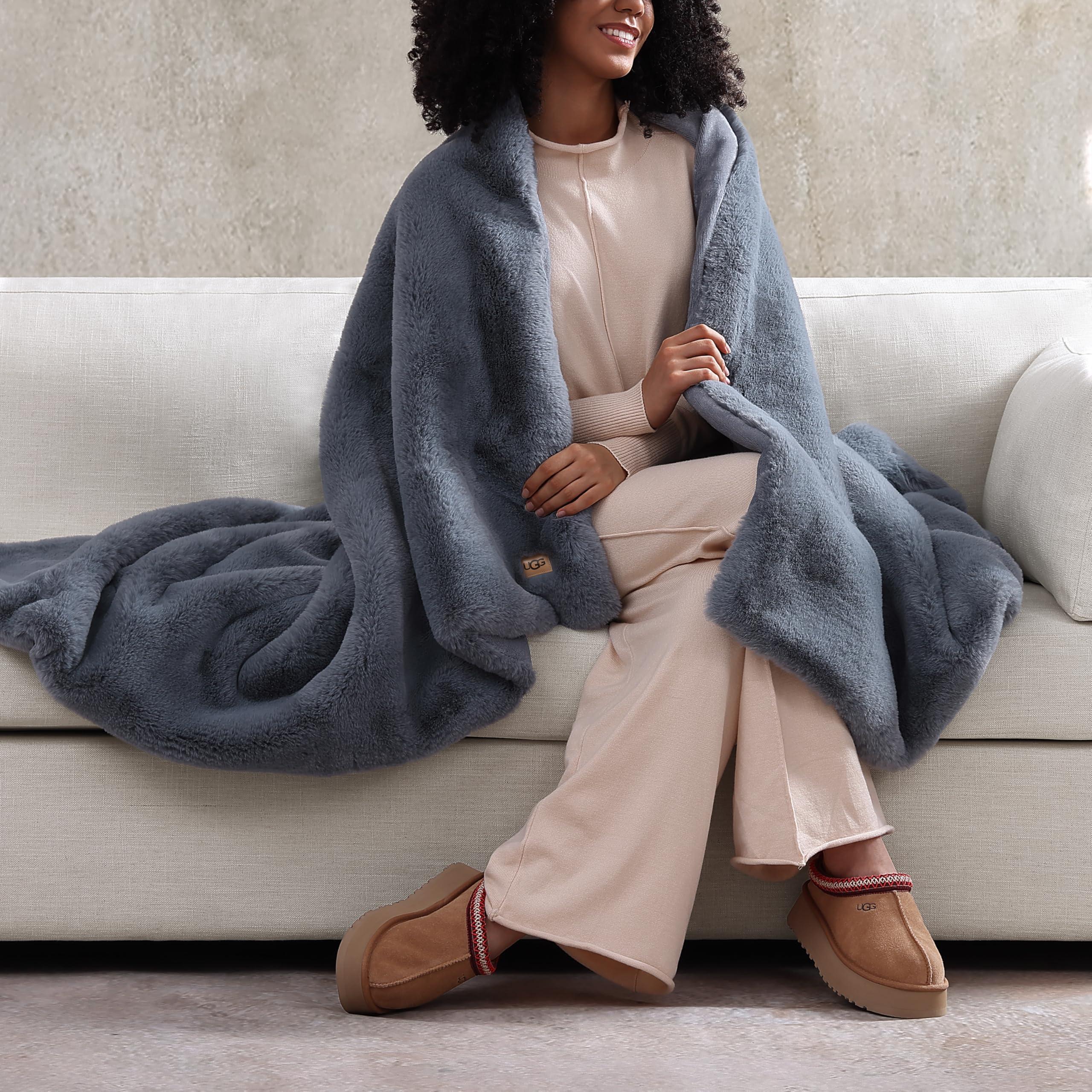 UGG UGG 11069 Euphoria Plush Faux Fur Reversible Throw Cozy Fuzzy Fluffy Blanket for Couch Bed Hotel Style Luxury Machine Washable Home Decor Luxurious Soft Throws for Sofa, 70 x 50-Inch, Chambray