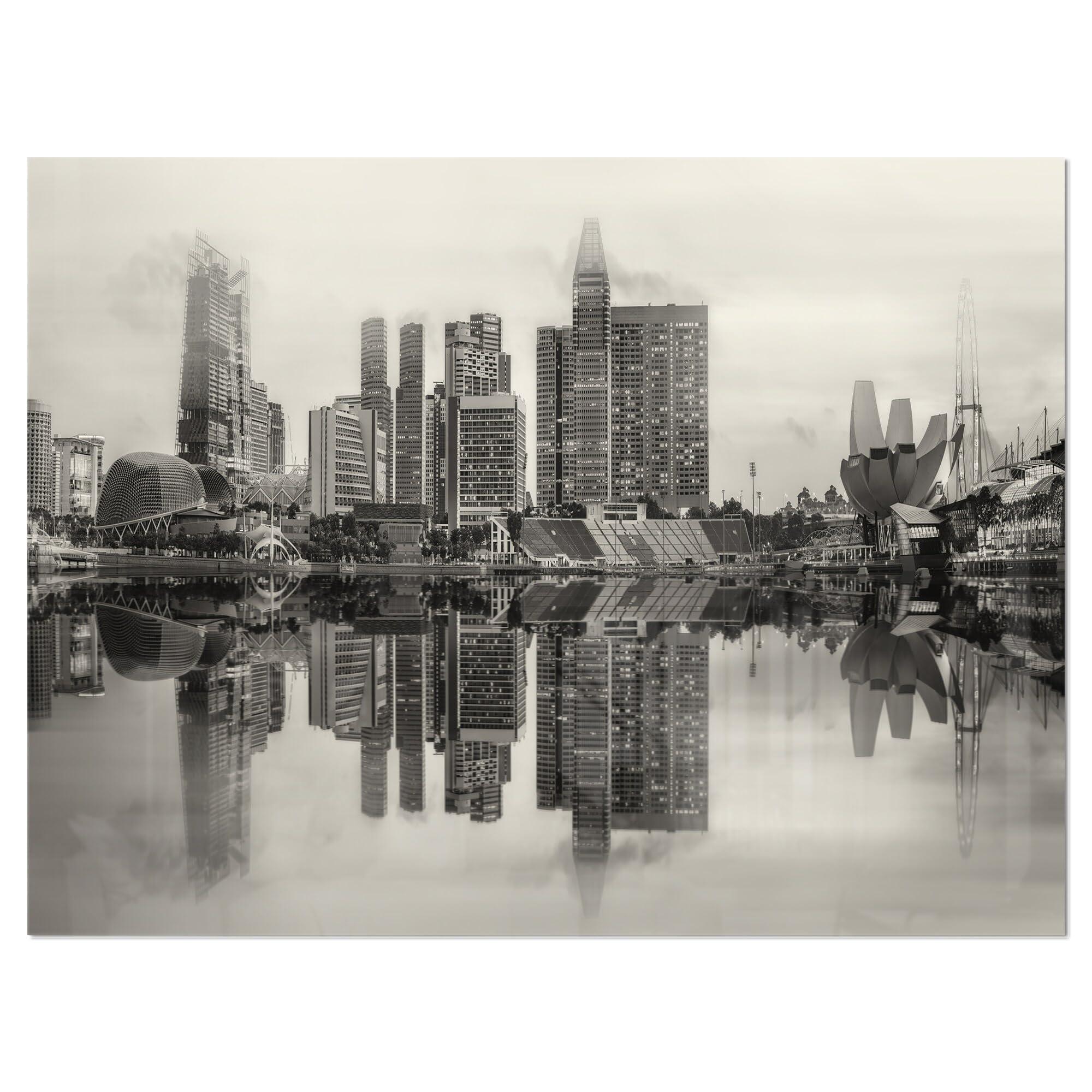 Design Art Design Art Singapore Skyline View Panorama Cityscape Metal Wall Art, 30\'\' H x 40\'\' W x 1\'\' D 1P, Black/White