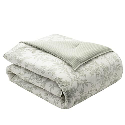 Laura Ashley Laura Ashley Home - King Size Comforter Set, Reversible Cotton Bedding, Includes Matching Shams with Bonus Euro Shams & Throw Pillows (Natalie Sage/Off White, King)
