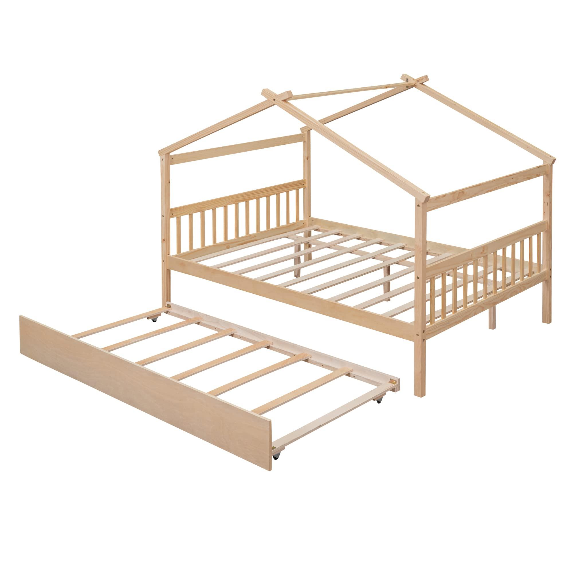 Tdewlye Full Size Wooden House Bed with Twin Size Trundle and Roof,Platform Bed with Headboard and Footboard,for Kids Teens Girls Boys Bedroom (Natural@z, Full)