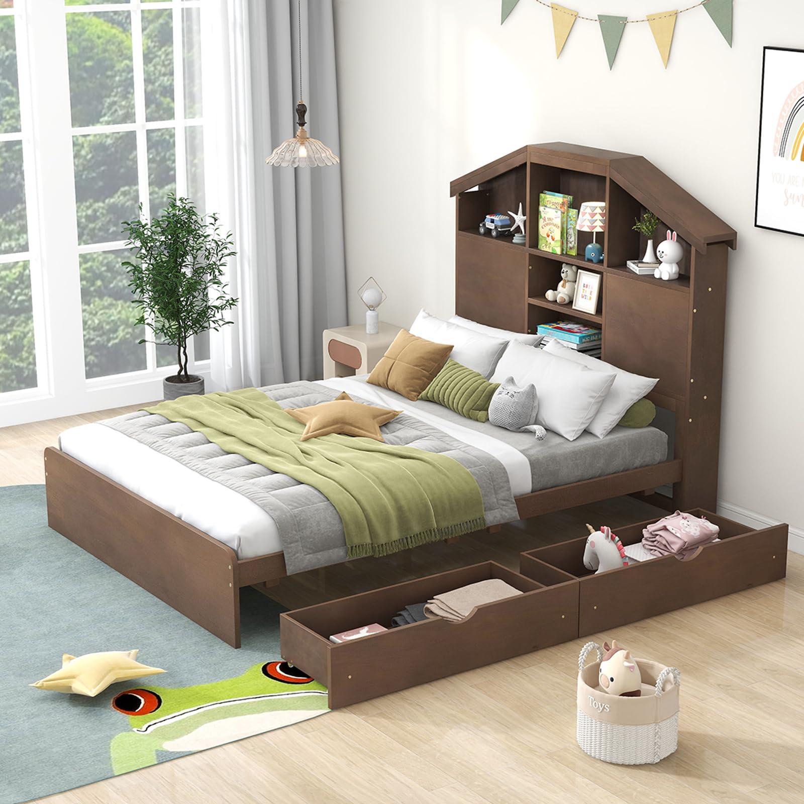EastVita EastVita Twin Size Platform Bed with Storage Headboard and 2 Drawers, Wood Twin Bed Frame with House-Shaped Headboard, No Box Spring Needed