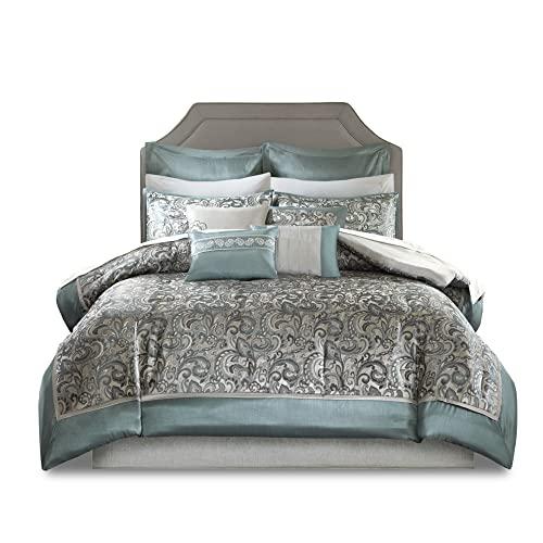 Madison Park Essentials Madison Park Essentials Brystol 24 Piece Room in a Bag Faux Silk Comforter Jacquard Paisley Design Matching Curtains - Down Alternative Hypoallergenic All Season Bedding-Set, Cal King, Teal 24 Piece
