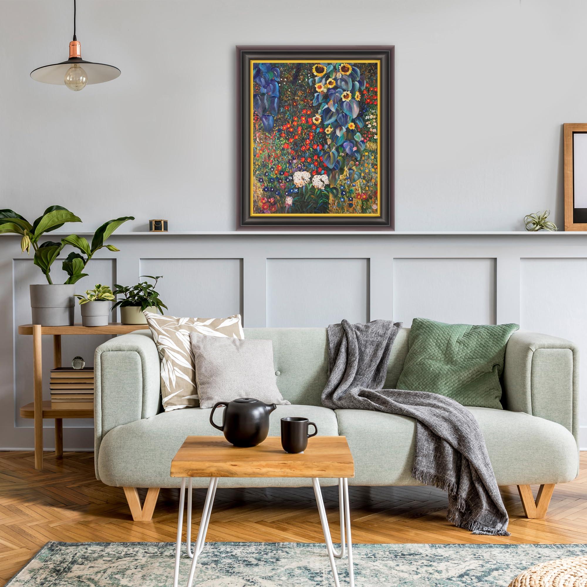 overstockArt La Pastiche overstockArt Farm Garden with Sunflowers Canvas Art by Klimt, Opulent Dark Stained Wood with Gold Trim Frame, 26\" x 30\"