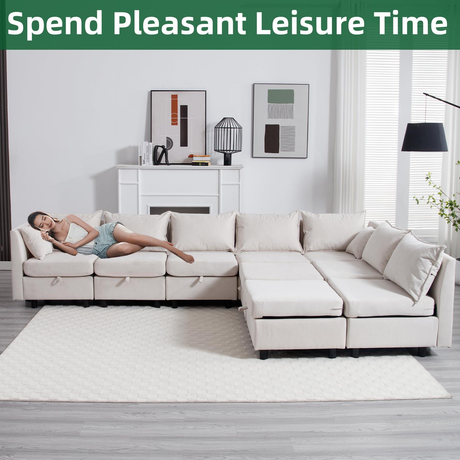 ESTRUCO Modular Sectional Sofa Convertible L U Shaped Sofa Couch with Storage, Comfy Cloud Sleeper Sectional Sofa Bed Set with Removable Back Cushions, Modern DIY Combination Couches for Living Room(Beige)