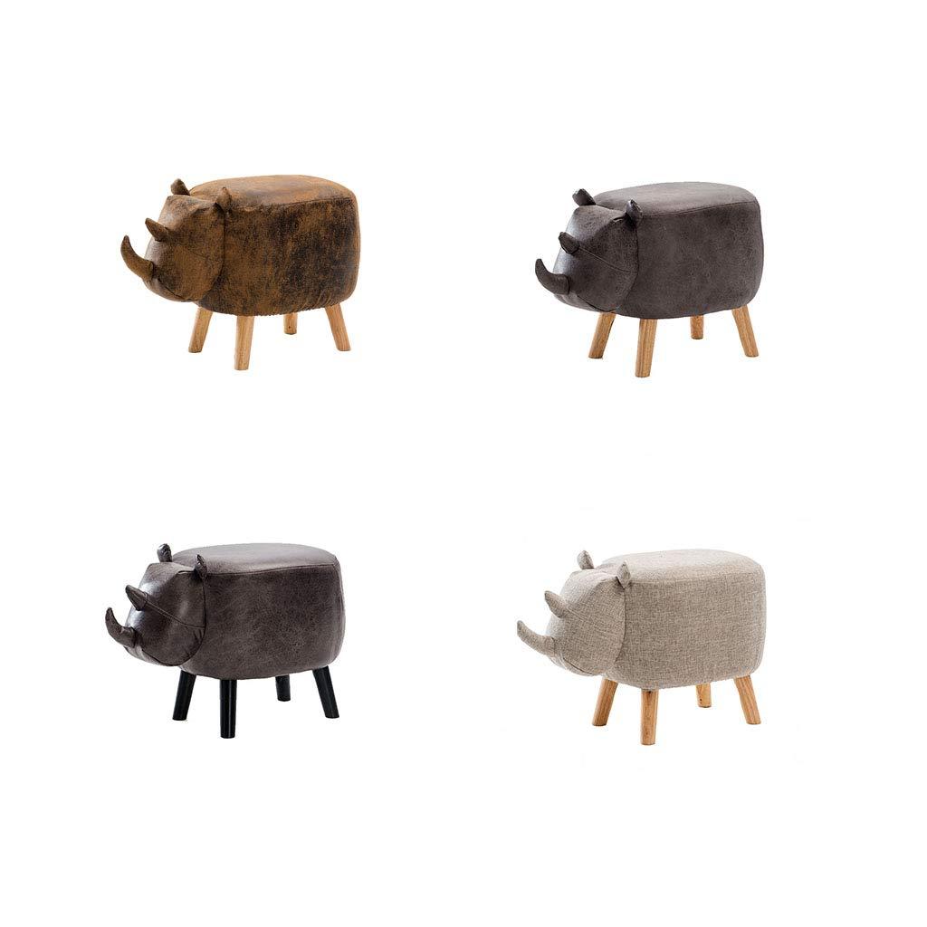 WANGJIN-Footstool Solid Wood Animal Leather Stool Ottoman Creative & Cute Stool for Kids Toy Chest Chair for Children Solid Wood Footstool 4 Legs (Rhinoceros)