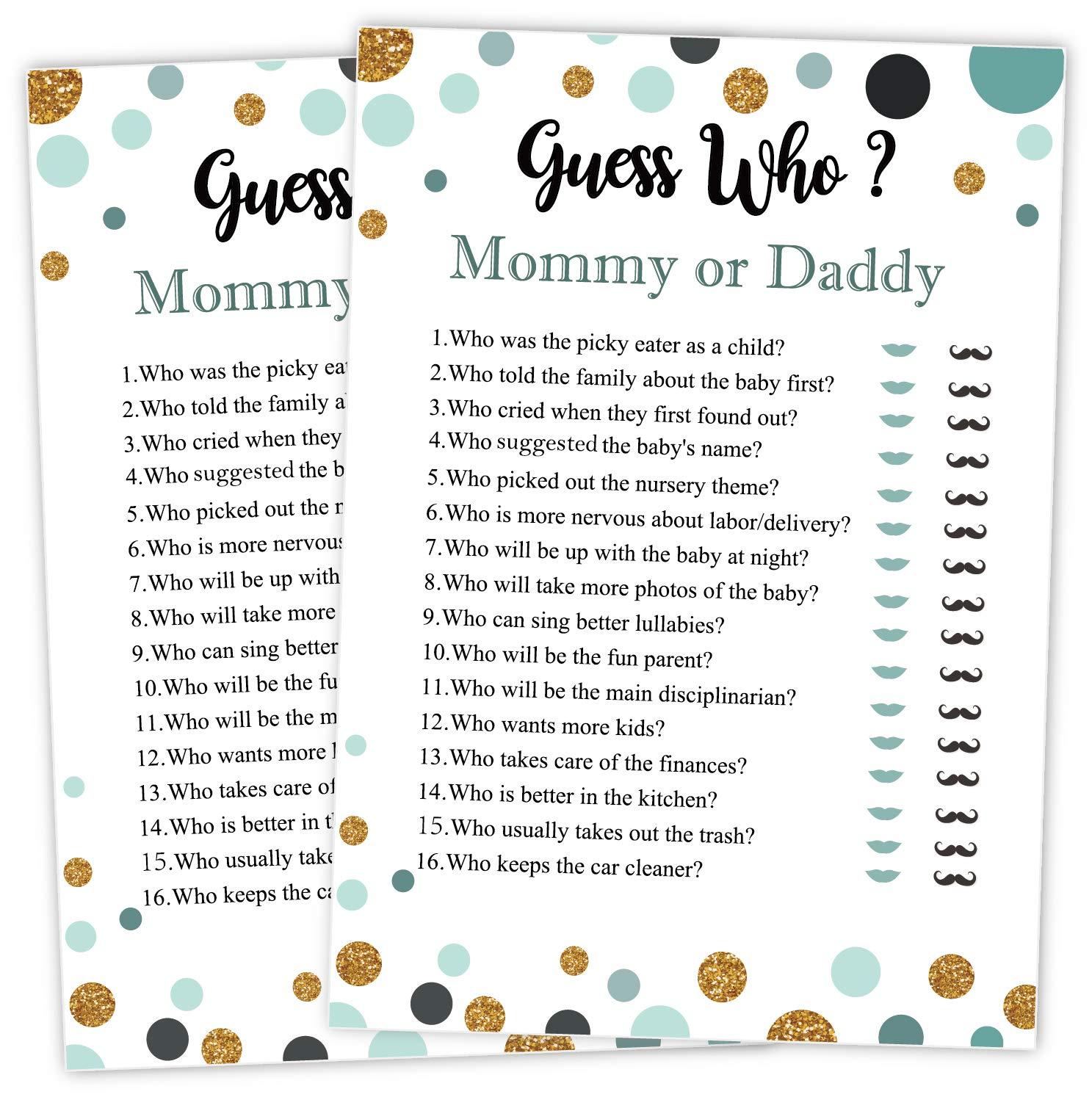 Antgiftshop 25 Guess Who Mommy or Daddy Fun Baby Shower Game Idea For Girl or Boy Cute Gold Gender Neutral Party, Funny Activity Questions at Gender Reveal Bundle, Party Activities Supplies For Kids, Mom, Dad