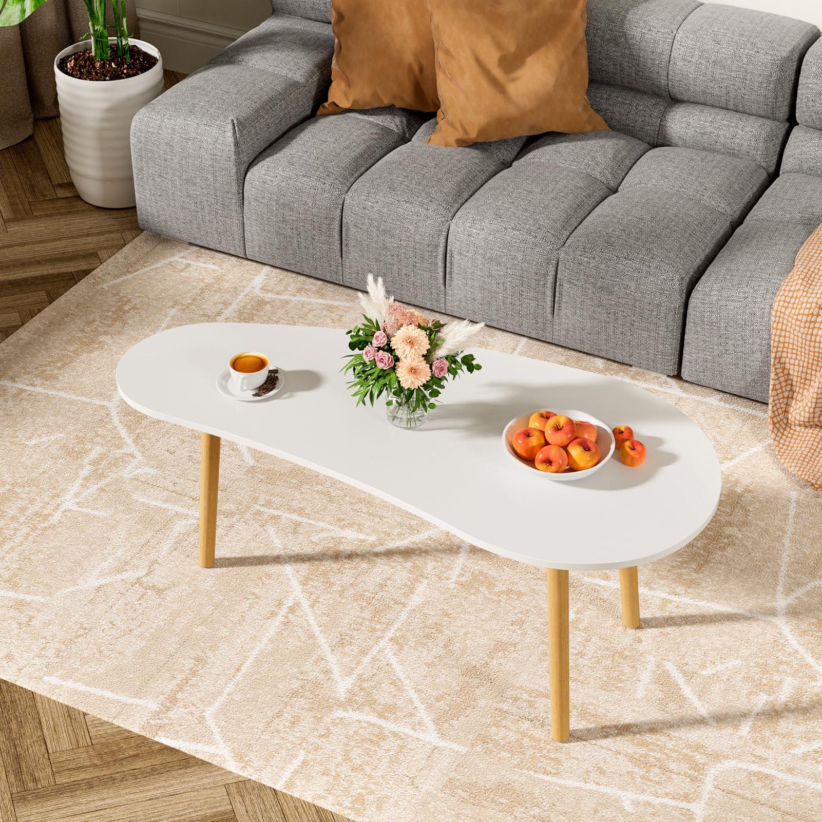 qorkhogr qorkhogr Oval Coffee Table Mid Century Modern Cloud Tea Table for Living Room Center Minimalist Display Coffe Table Small Wooden Man go Center Table for Rounded Edge White Mango 39 inch