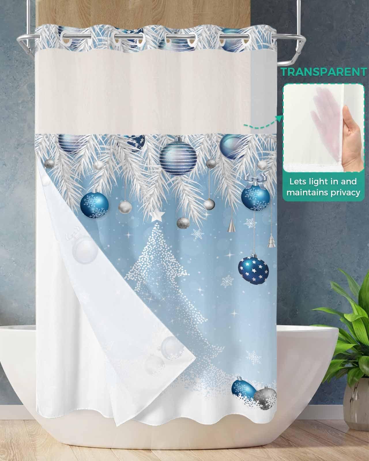 Edwiinsa No Hook Shower Curtain and Snap in Liner Set, Blue Christmas Fabric Bathroom Stall Shower Curtains 54x78 Inch, See Through Mesh Top Window, Xmas Tree Snowflake Balls Hotel Style, Washable Waterproof