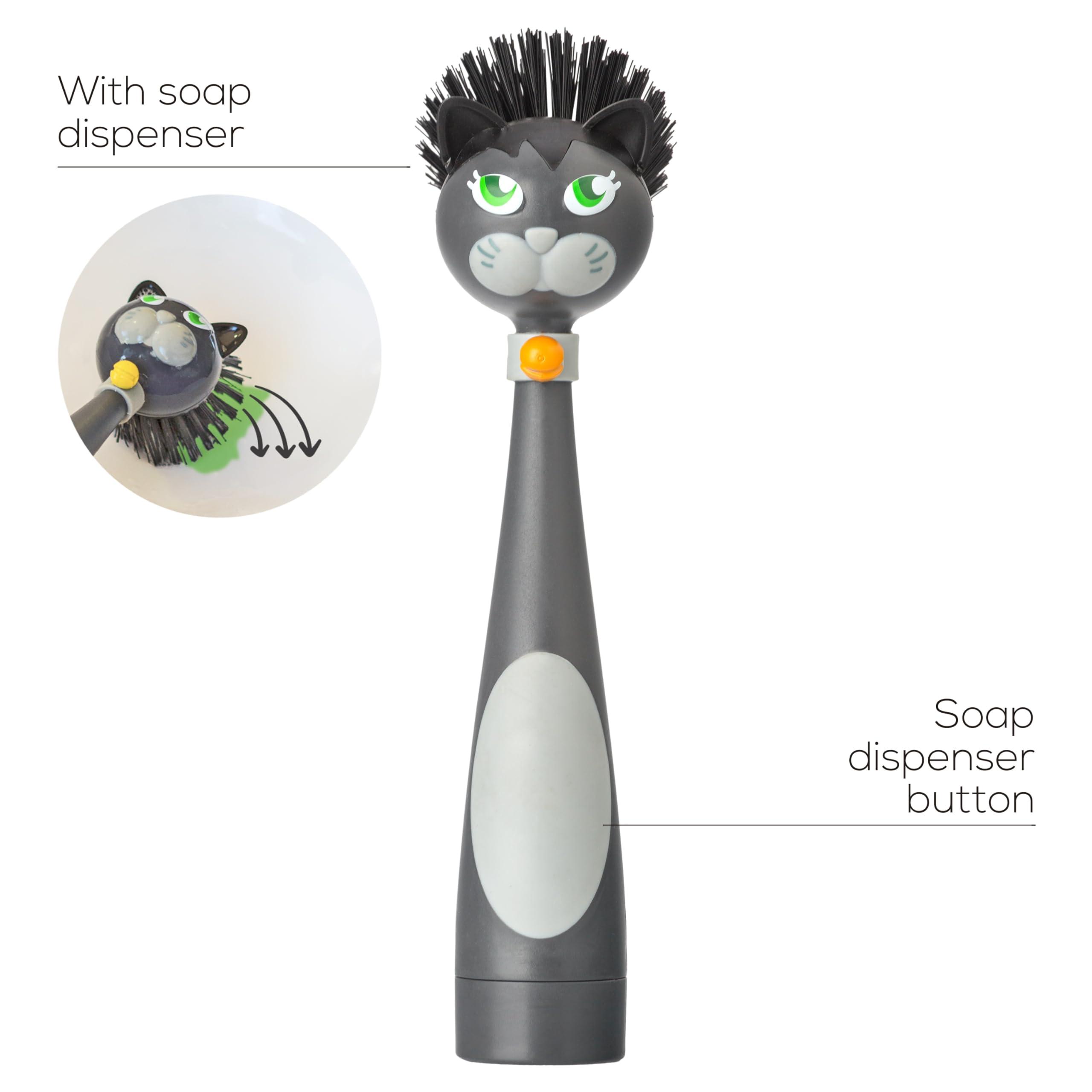 Vigar Vigar Felix Cat-Shaped Soap Dispensing Dish Brush, Dish Brush with Soap Dispenser for Pot Scrubber, Dishes, Sink, and Kitchen Essentials, Black, Gray