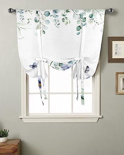 Yukro Yukro Tie Up Curtains Window Shades,Blue Tulip Flower Butterfly Eucalyptus Leaves White Background Rod Pocket Tie Up Window Shade,Adjustable Balloon Curtain Shade for Blinds Kitchen Bathroom,42"x45"