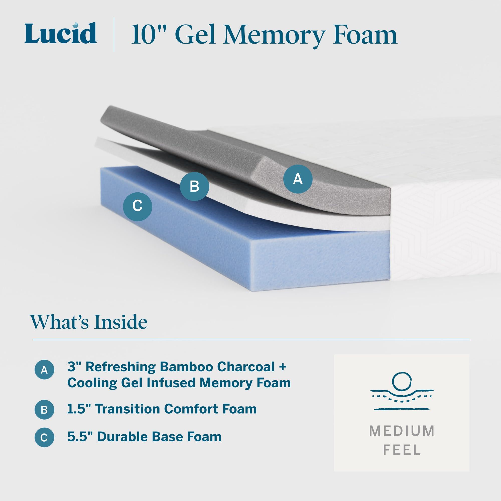 LUCID LUCID 10 Inch Memory Foam Mattress - Medium Feel - Infused with Bamboo Charcoal and Gel - Bed in a Box - Temperature Regulating - Pressure Relief - Breathable - Twin XL Size
