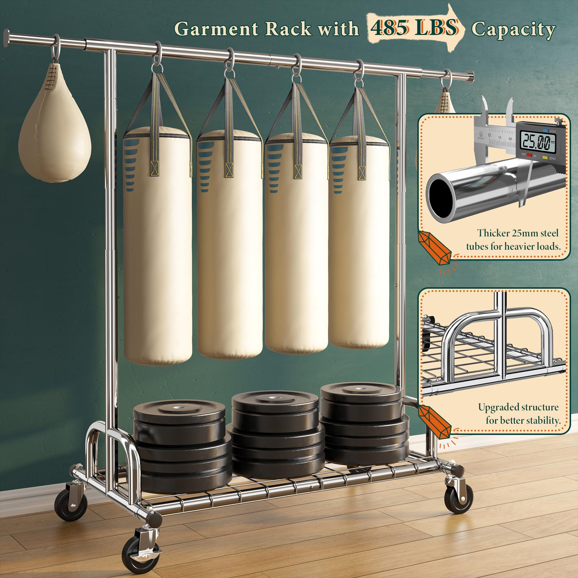 Raybee Raybee Heavy Duty Clothes Rack, Clothing Rack Load 485 LBS, Metal Garment Rack, Rolling Clothes Racks for Hanging Clothes, Portable Clothes Rack with Sturdy Wheels