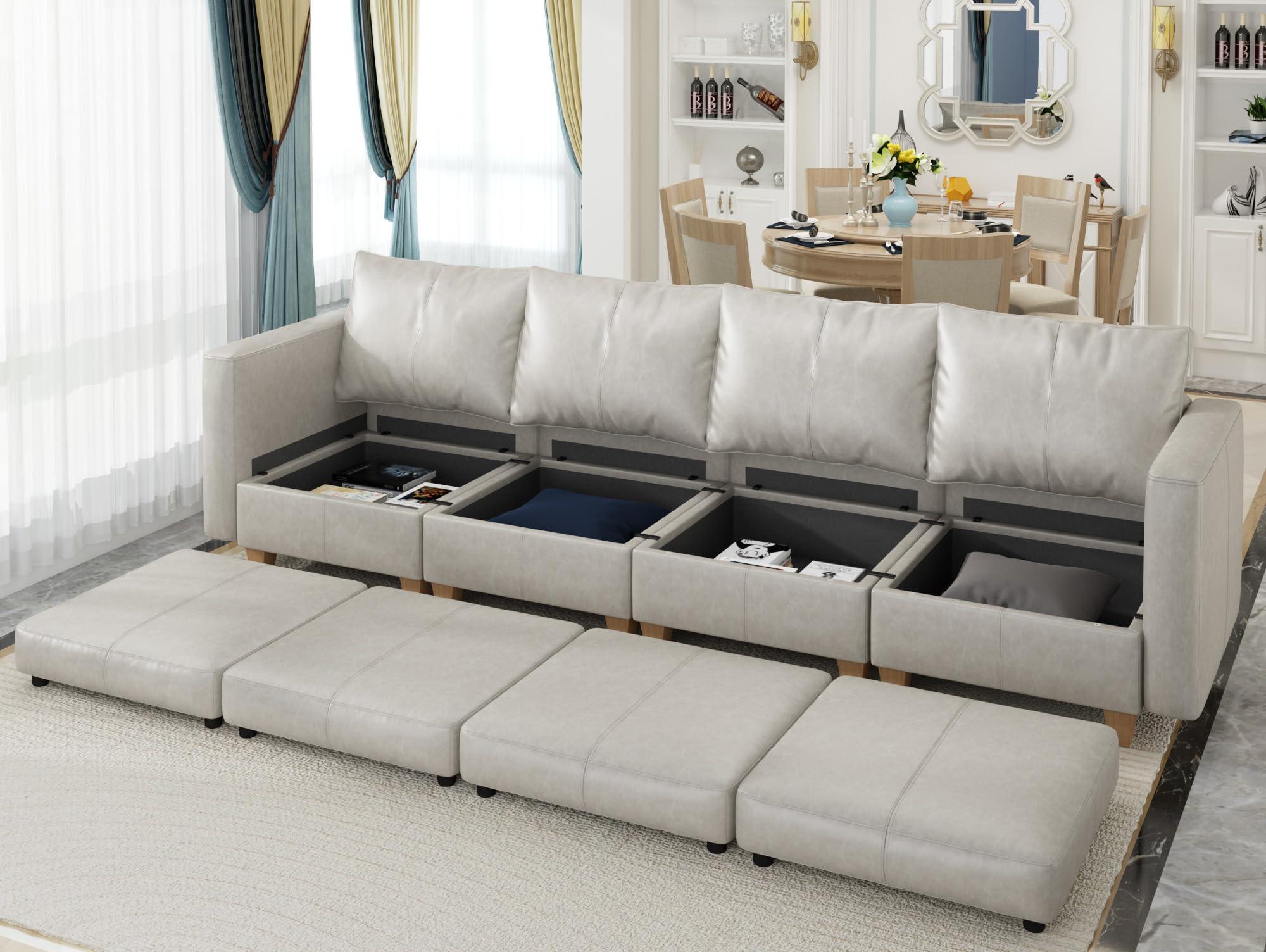 EASE MOOSE EASE MOOSE Modular Sectional Couch with Storage Seats, 4 Seat Faux Leather Convertible Modular Sofa Sectional Sofa Couch with Reversible Chaises for Small Spaces, Whitesand