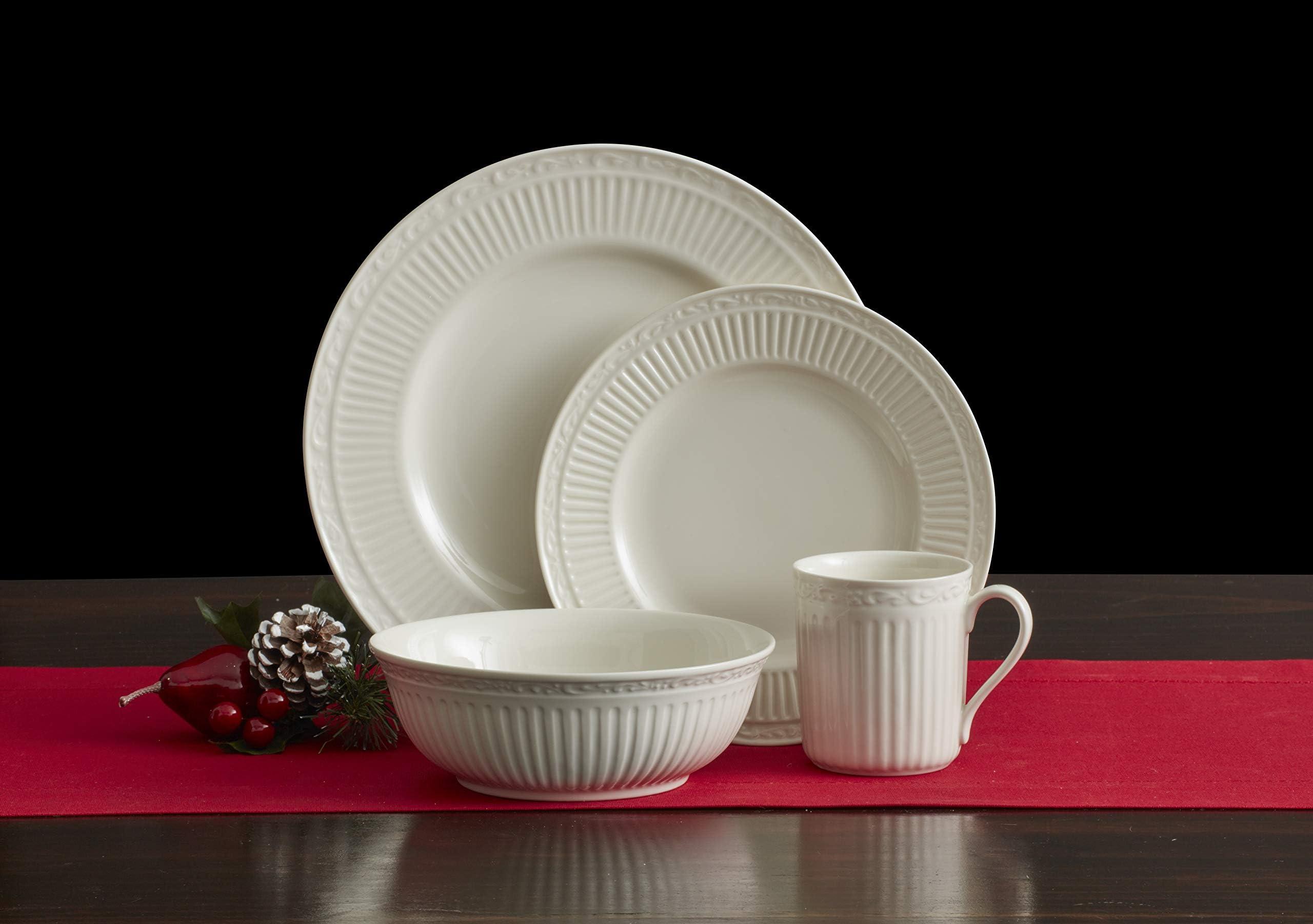 Mikasa Mikasa Italian Countryside 16-Piece Dinnerware Set - Classic White Porcelain with Fluted Bands, Service for 4 - Dinner Plates, Salad Plates, Bowls, and Mugs, Microwave & Dishwasher Safe