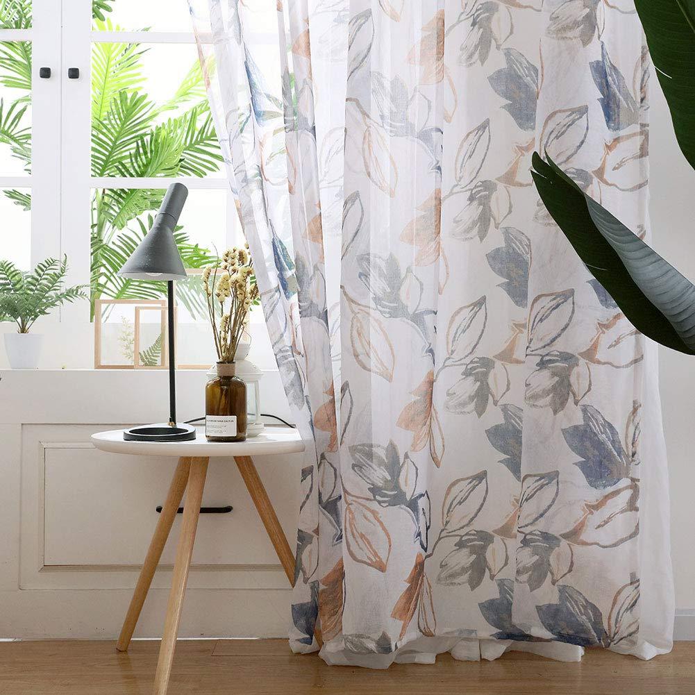 Enforose Enforose Sheer Curtains Printed, Leaf Pattern Polyester Window Drapes Sheer Floral Curtains Bedroom Living Room Decor(Brown)