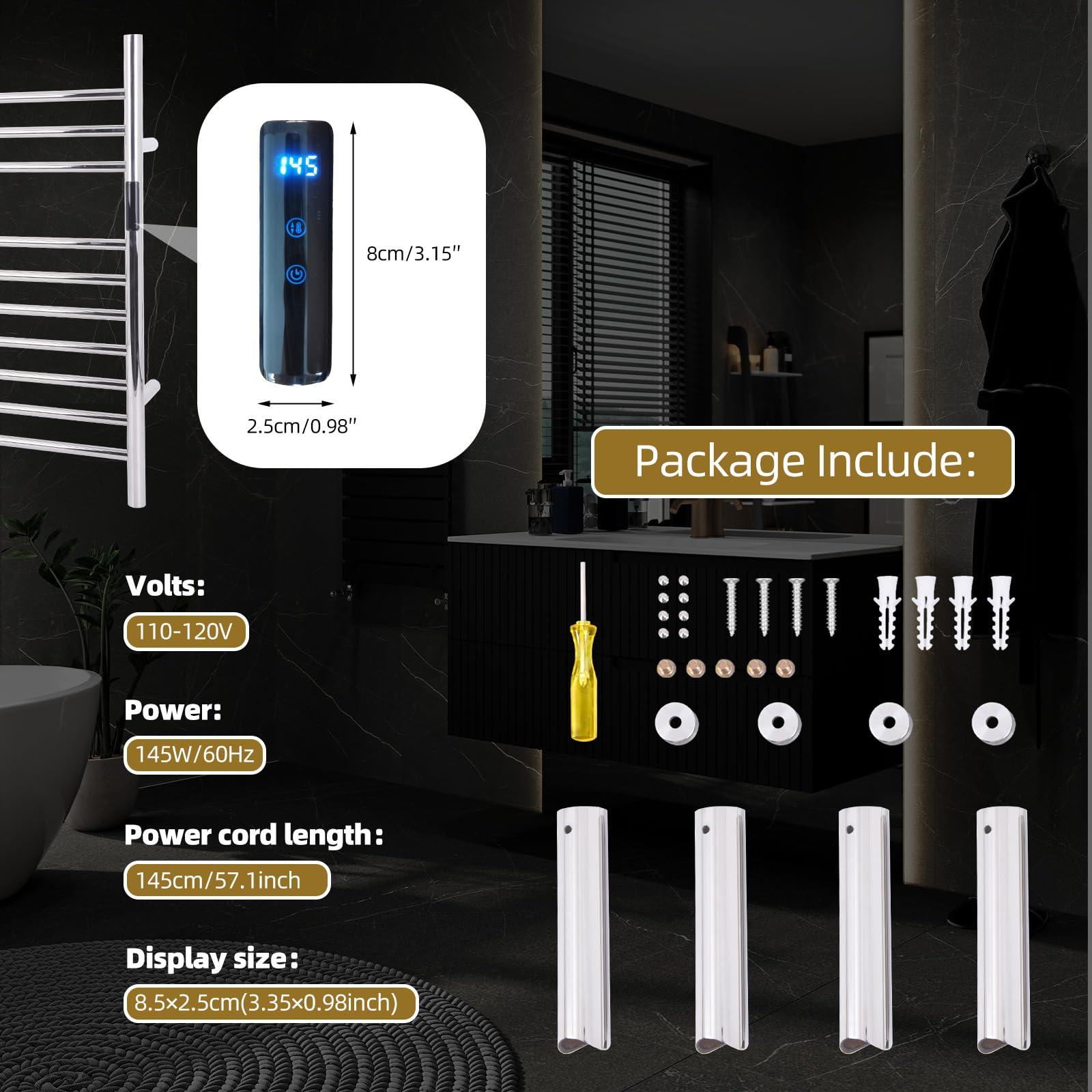 Dawot Dawot 10 Bars Towel Warmer Rack, 23" Electric Wall Mounted Heated Towel Rack with Timer and Temperature Control, Towel Heater Hard Wired/Plug-in Hot Towel Rails for Bathroom, Mirror Polished