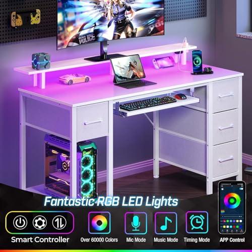 Seventable Seventable Computer Desk 55.1" with LED Lights & Power Outlets, Home Office Desk with 4 Drawers, Writing Desk with Keyboard Tray, Study Table with Monitor Stand, Work for Home Office, White