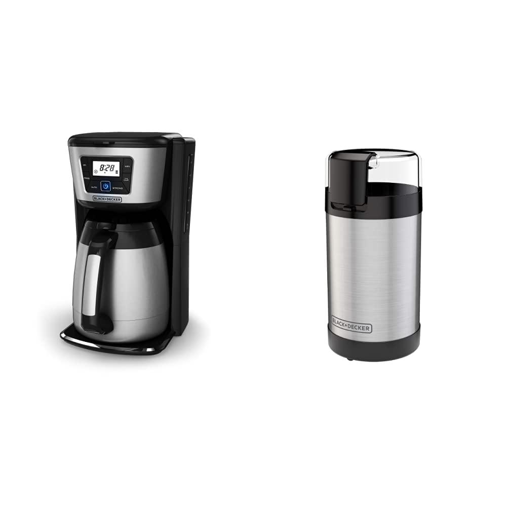 BLACK+DECKER BLACK+DECKER 12-Cup Thermal Coffeemaker, Black/Silver, CM2035B & Coffee Grinder One Touch Push-Button Control, 2/3 Cup Bean Capacity, Stainless Steel