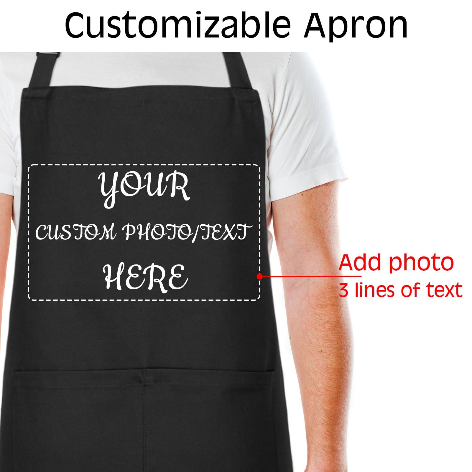 Angirlish Personalized Adult Aprons, Custom Name Photo Logo Aprons for Women and Men, Waterproof Cotton Chef Apron, Adjustable Bib with 2 Pockets (Add Your Own Design, Black)