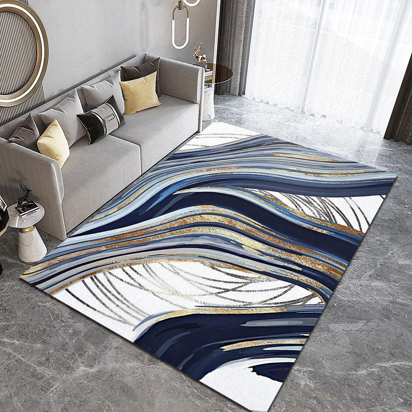 Rtaayt European Style Area Rugs, Blue Gold Abstract Graffiti Art Painting Floor Carpet, Modern Short Pile Soft Foldable Washable Non-Slip Rug for Apartment Kitchen Home Office Decor Mats-6ft x 9ft