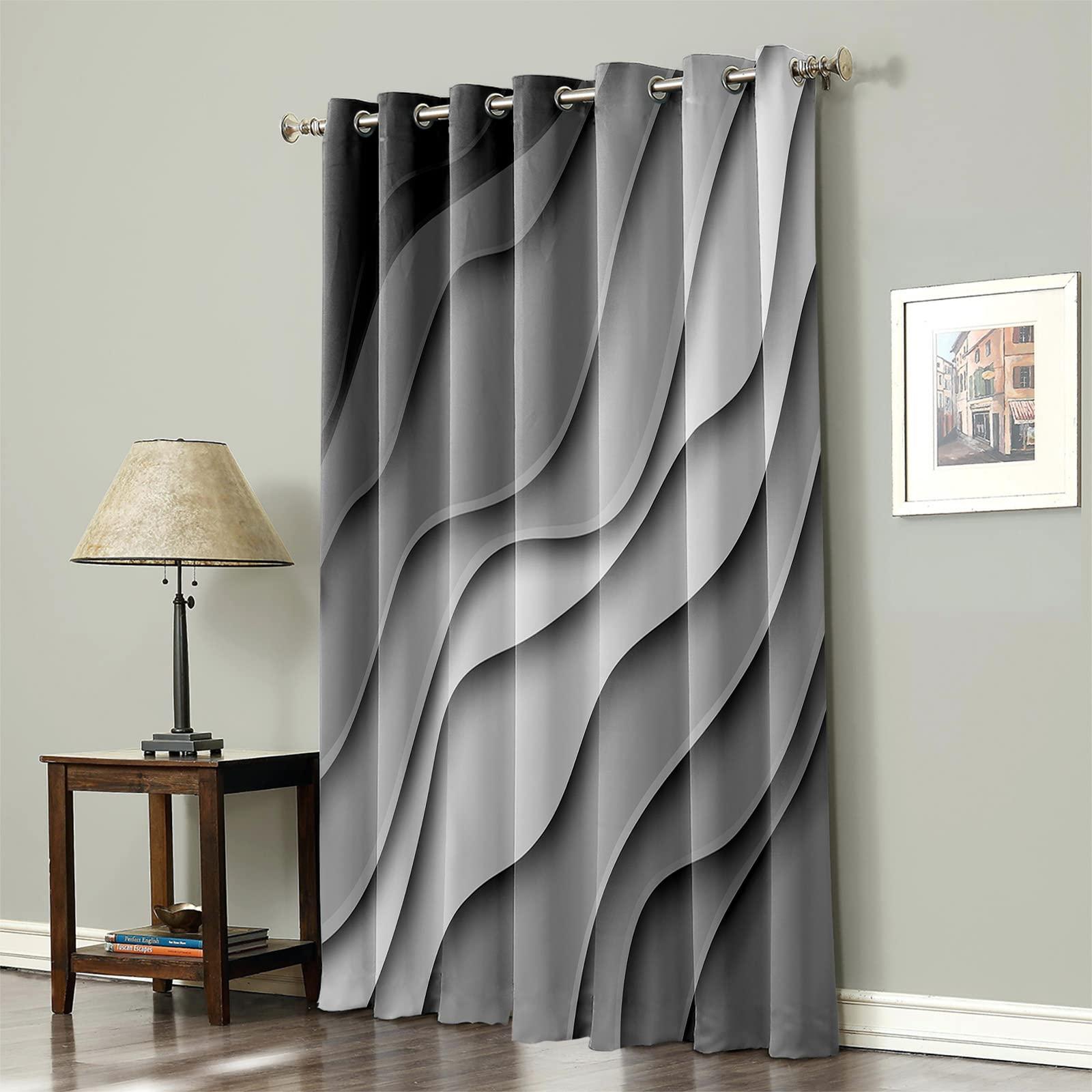 Futuregrace Black Grey Ombre Blackout Curtains 90 inches Long for Living Room Bedroom,Modern Geometric Abstract Room Darkening Window Drapes Grommet Thermal Insulated Waves Beach Curtain for Sliding Door Decor