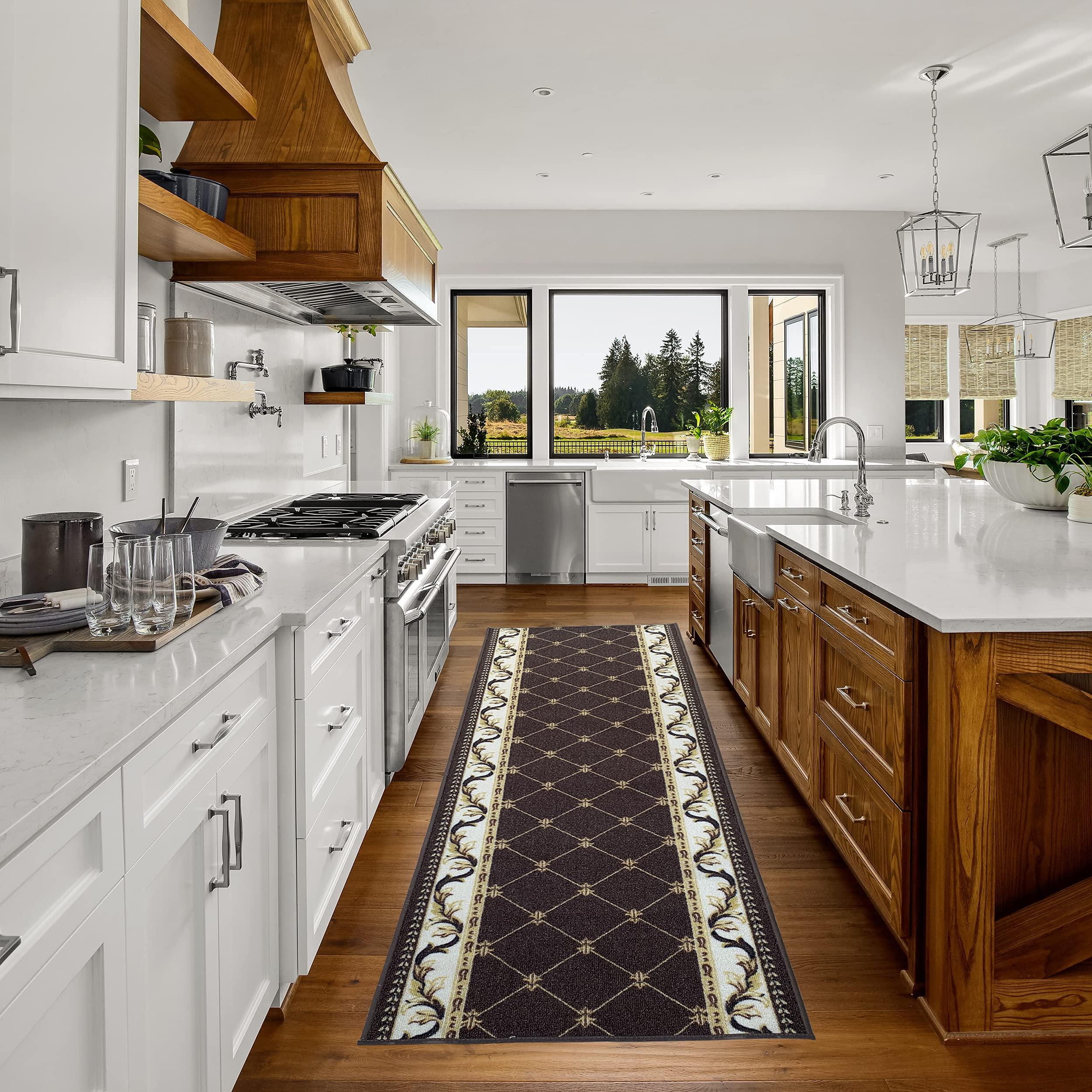 CreativeDeco Custom Made Runner Rug Low Pile With Rubber Backing For Kitchen Foyer Hallway Entry Choose Your Length Size 31 Inch Wide French Scroll Fleur De Lis Design Brown White Color (29 feet x 31 Inch)