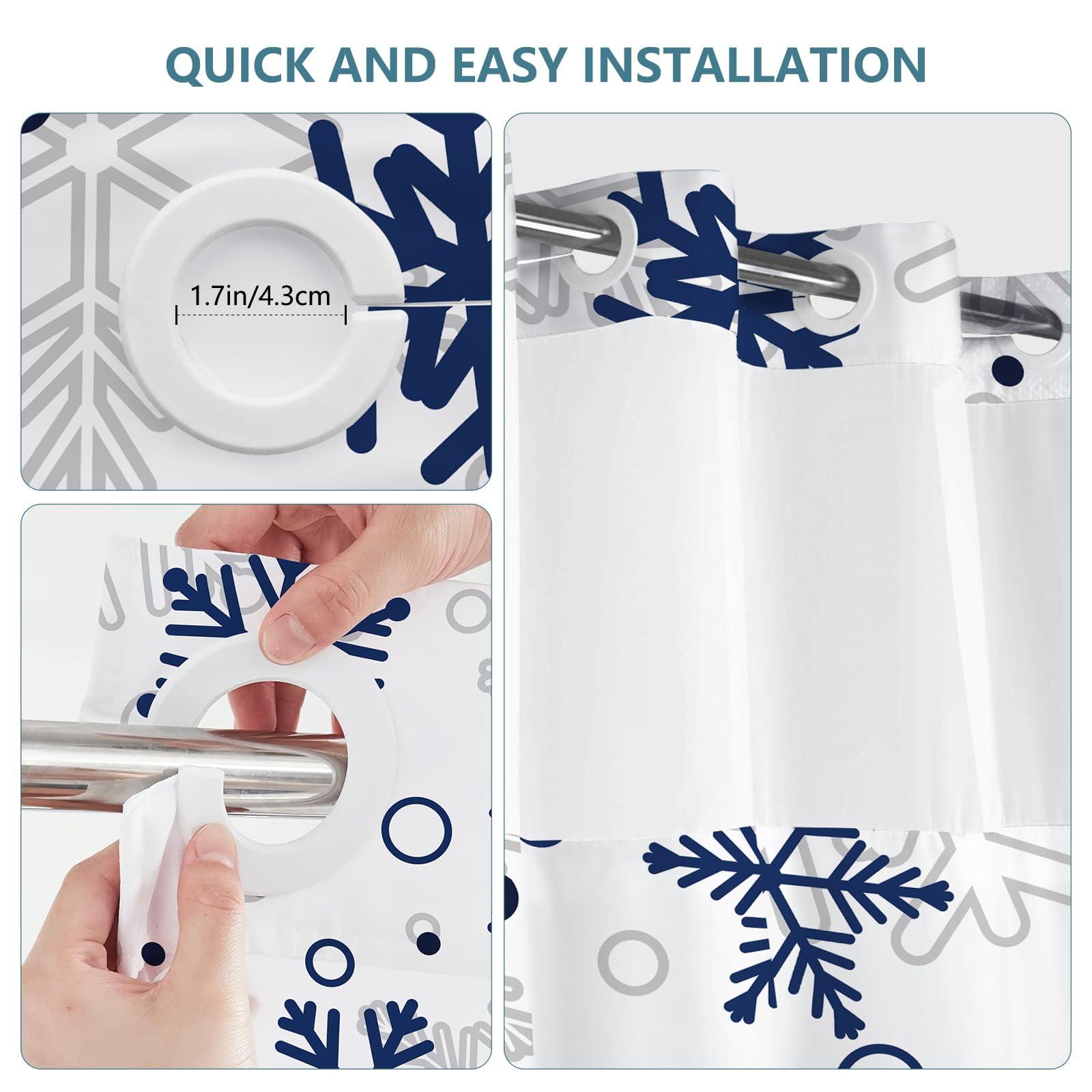 MEHOFOND MEHOFOND No Hook Winter Snowflake Shower Curtain, Hookless Christmas Shower Curtain,Blue and Grey Xmas New Year Holiday Bathroom Bathtubs Decor with Snap in Liner, Waterproof Polyester Fabric 71X74in