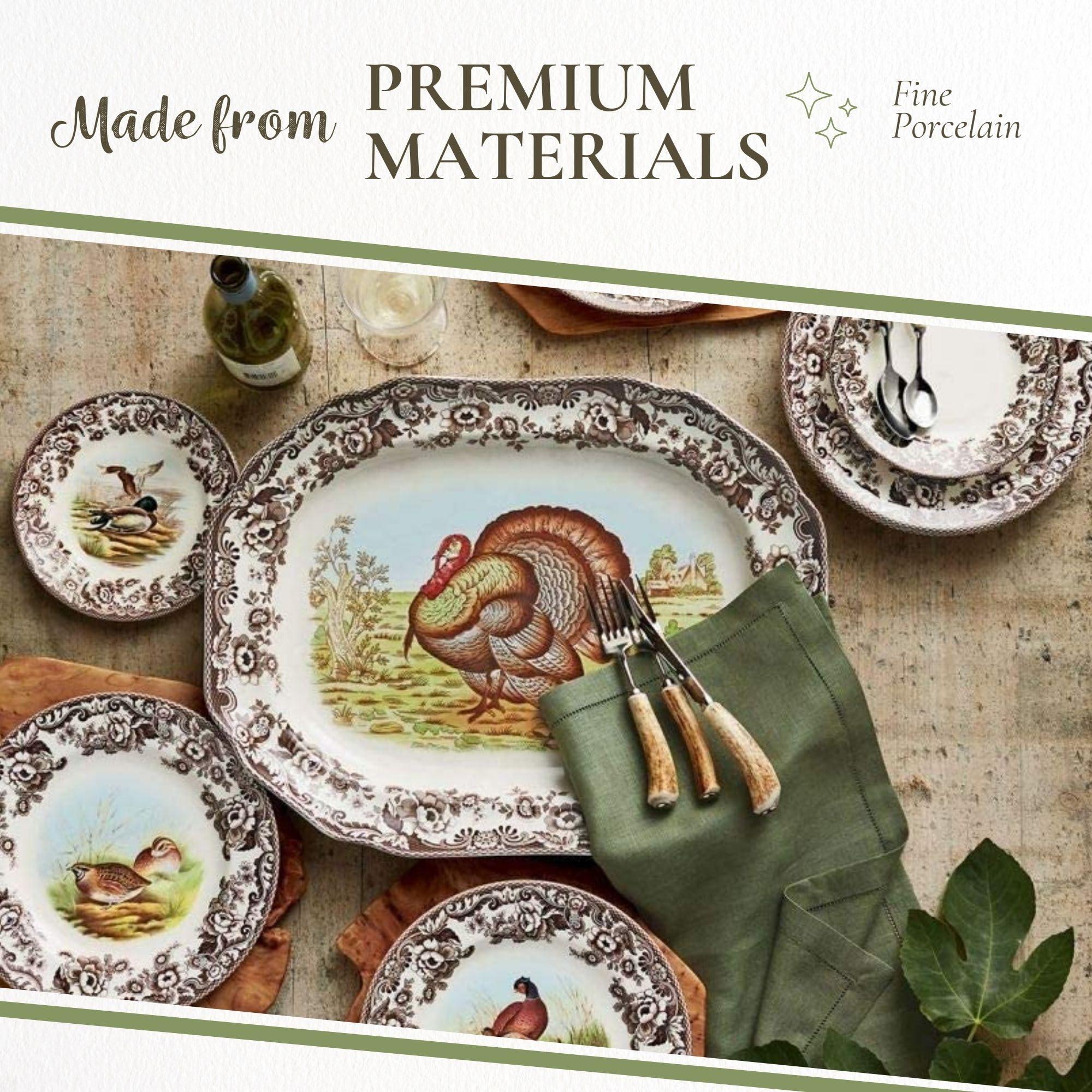 Spode Spode Woodland 5-Piece Thanksgiving Dinnerware Set - Porcelain Plates & Teacup and Saucer, Fall Dinnerware Collection - Microwave & Dishwasher Safe - Elegant Autumn Tableware