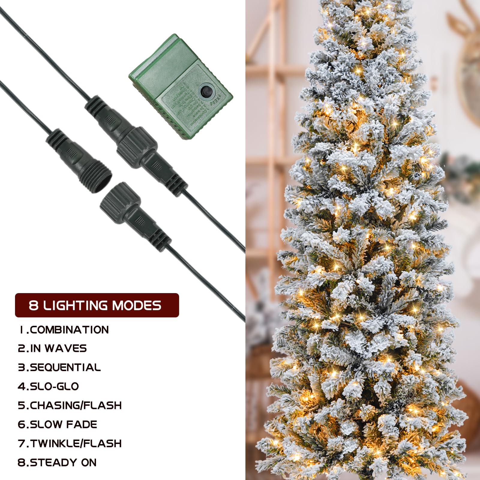 MVSRWLL 7.5FT Prelit Pencil Christmas Tree Artificial Snow Flocked Slim Skinny Christmas Trees with 350 LED Warm White Lights for Christmas Indoor Outdoor Decoration