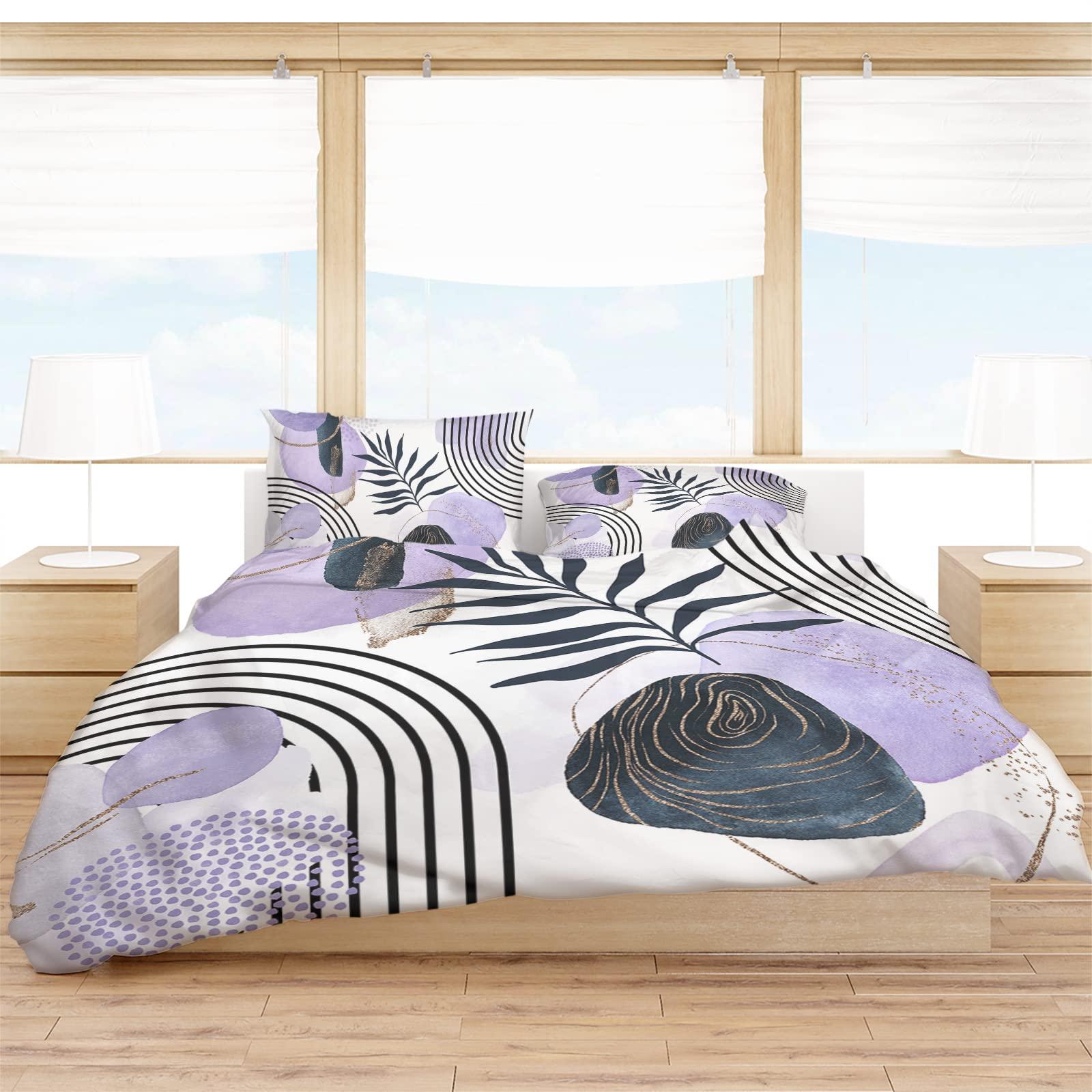Debedcor Boho Tropical Leaves Duvet Cover Queen Size, Romantic Purple Abstract Art Neutral Comforter Cover with Zipper Closure, 3 Piece Bedding Sets 1 Duvet Cover 90x92 Inch and 2 Pillow Shams