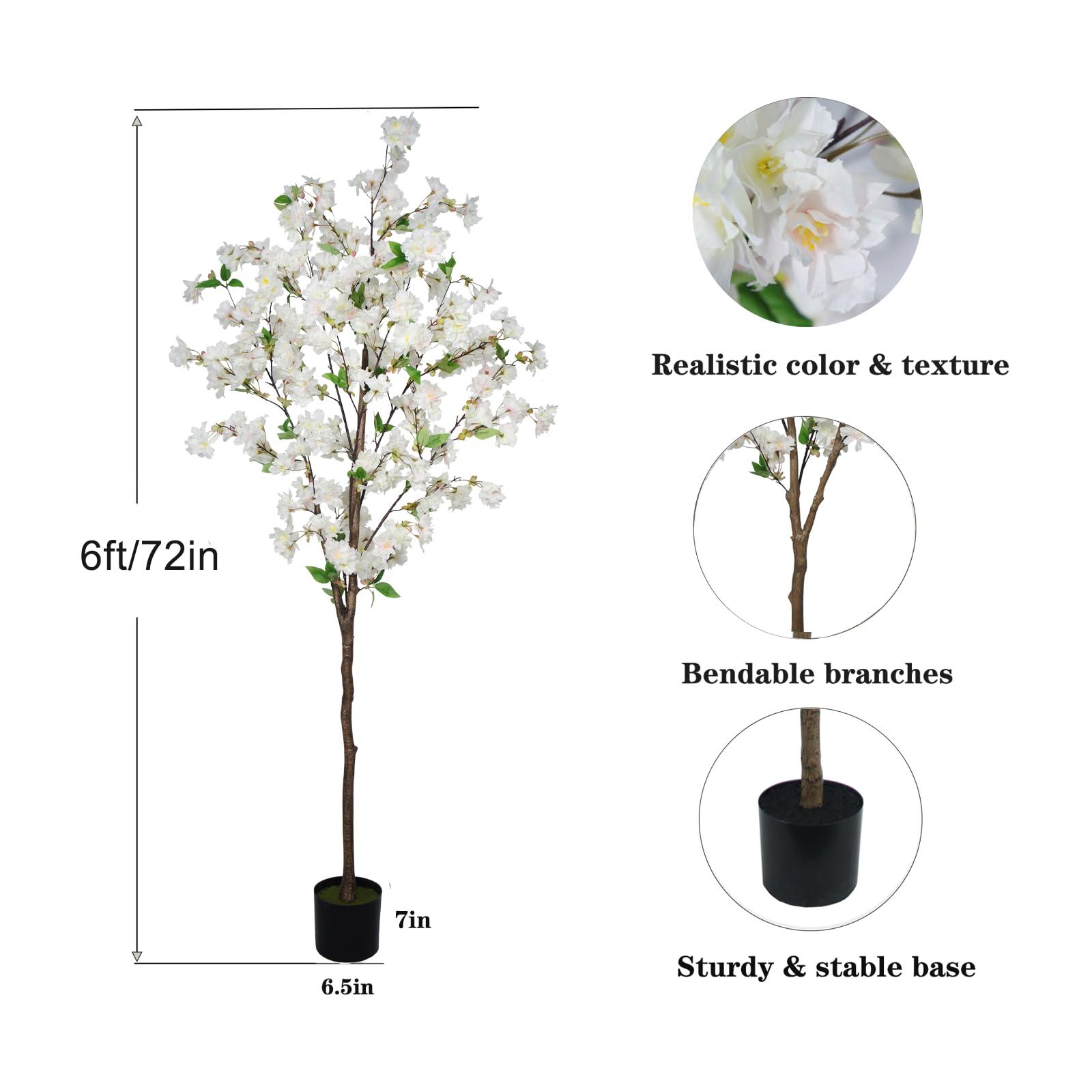 TDIAOL 6FT Artificial Cherry Blossom Tree, Lifelike White Cherry Plant in Pot for Indoor, Garden, Office, Wedding & Party Decoration