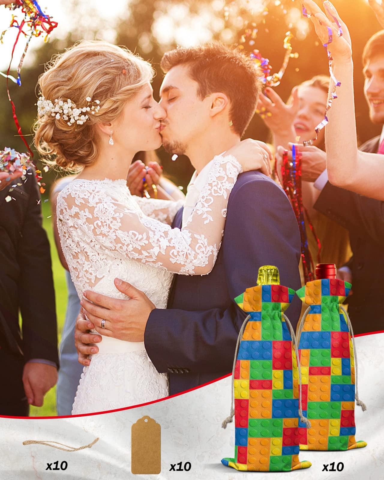 PIEPLE PIEPLE 10 Pack Wine Bottle Bags, Colorful Geometric Wine Bottle Cover with Drawstring, Gift Bag for Champagne, Wedding, Birthday, Christmas, Thanksgiving, Party Blue Orange Red Yellow Building Blocks