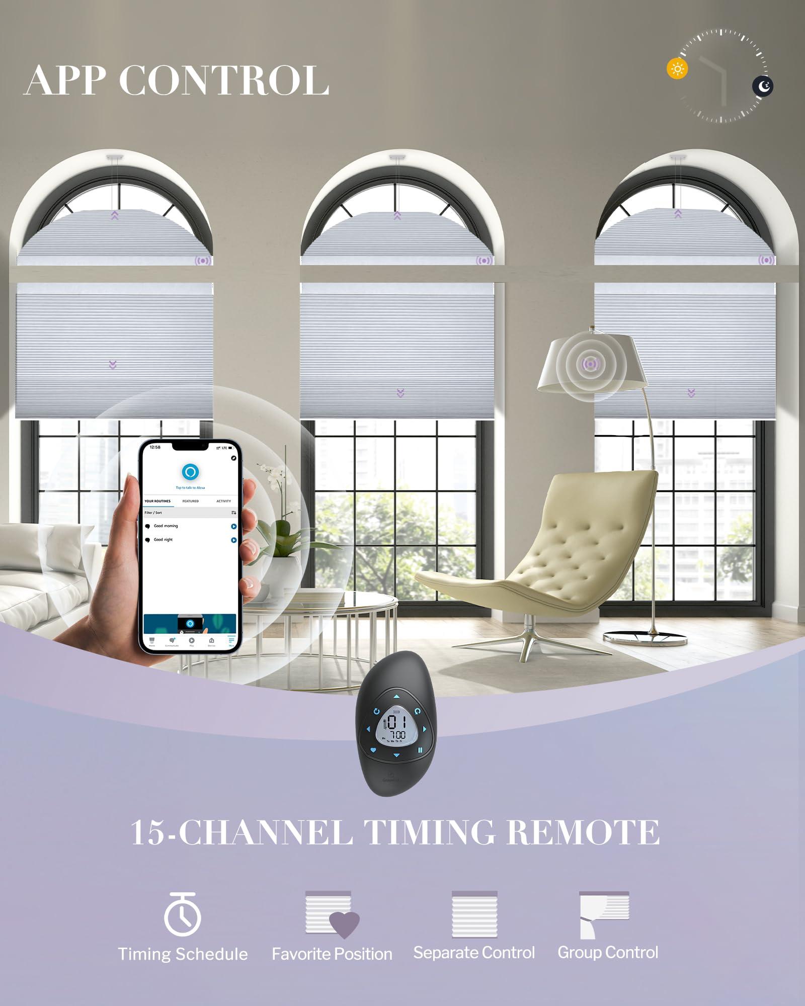 Graywind Graywind Smart Arched Blinds Compatible with Alexa Google Motorized Perfect Arch Shades Solar Powered, Customized for Odd-Shaped Window (Blackout Burlywood)