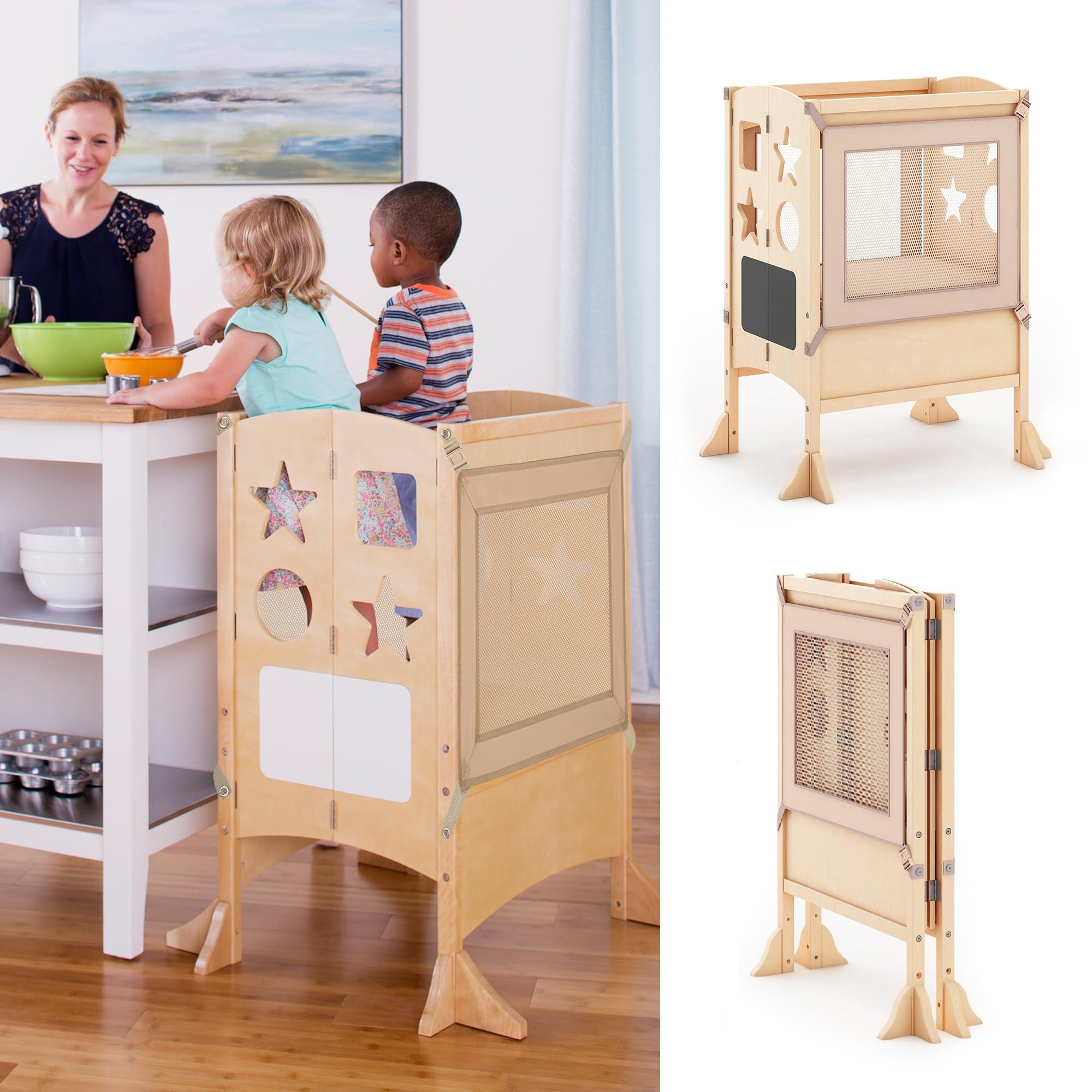 Guidecraft Guidecraft Classic Kitchen Helper Stool with 2 Keepers - Double Wide: Adjustable Height Step Stool for Kids, Children Furniture